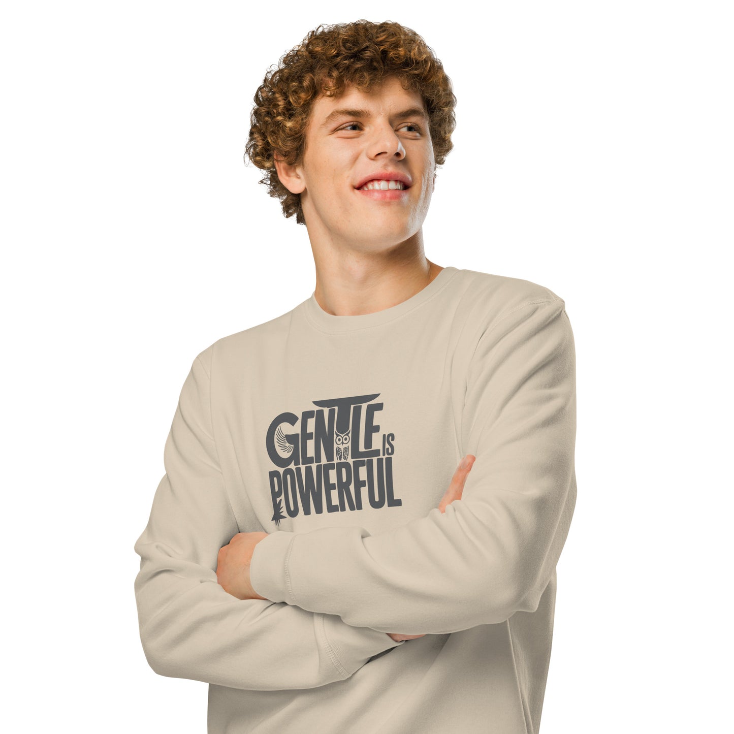 Unisex Organic Mid-Weight Sweatshirt "Gentle is Powerful" – Owl Print Sustainable Fashion Dudeily
