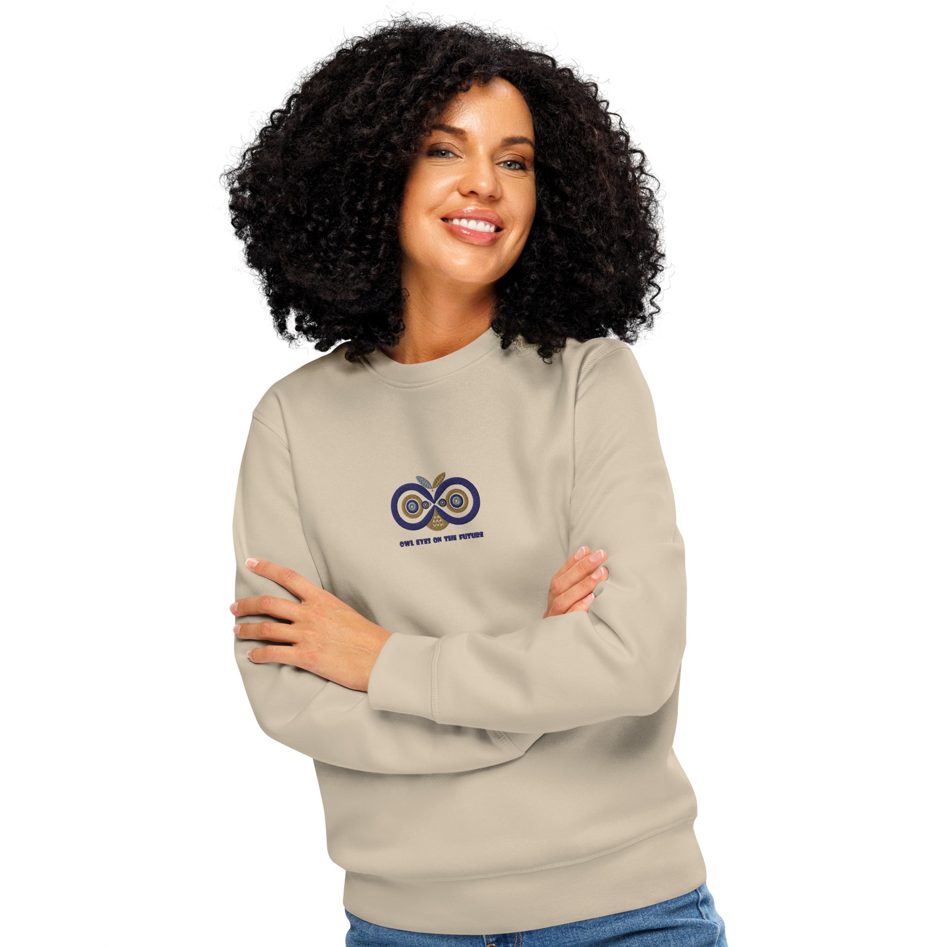 Unisex Organic Mid-Weight Sweatshirt: Owl Eyes on the Future | Owl Embroidered Sustainable Fashion USA Dudeily