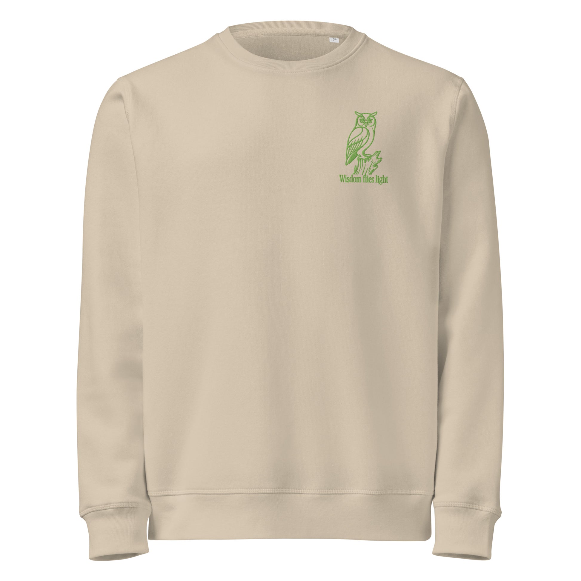 Owl Unisex Organic Mid-Weight Sweatshirt: 'Wisdom Flies Light' in Fall | Sustainable Fashion USA Dudeily