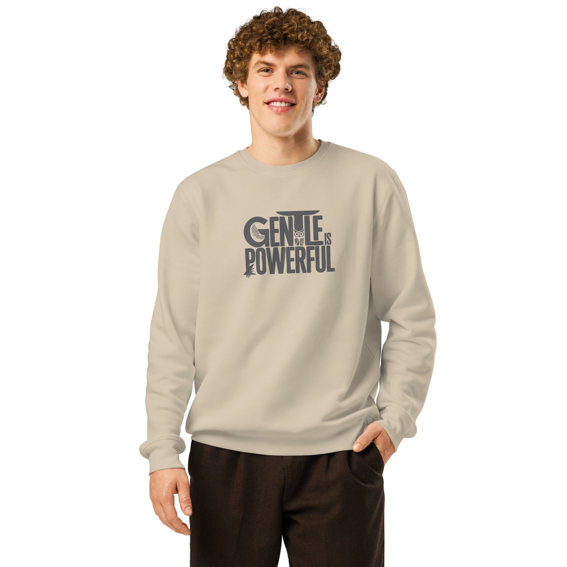 Unisex Organic Mid-Weight Sweatshirt "Gentle is Powerful" – Owl Print Sustainable Fashion Dudeily