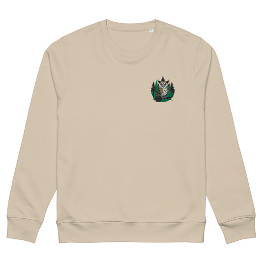 Unisex Organic Mid-Weight Sweatshirt – Forest Owl Print | Eco-Friendly Owl Clothing Desert Dust Dudeily