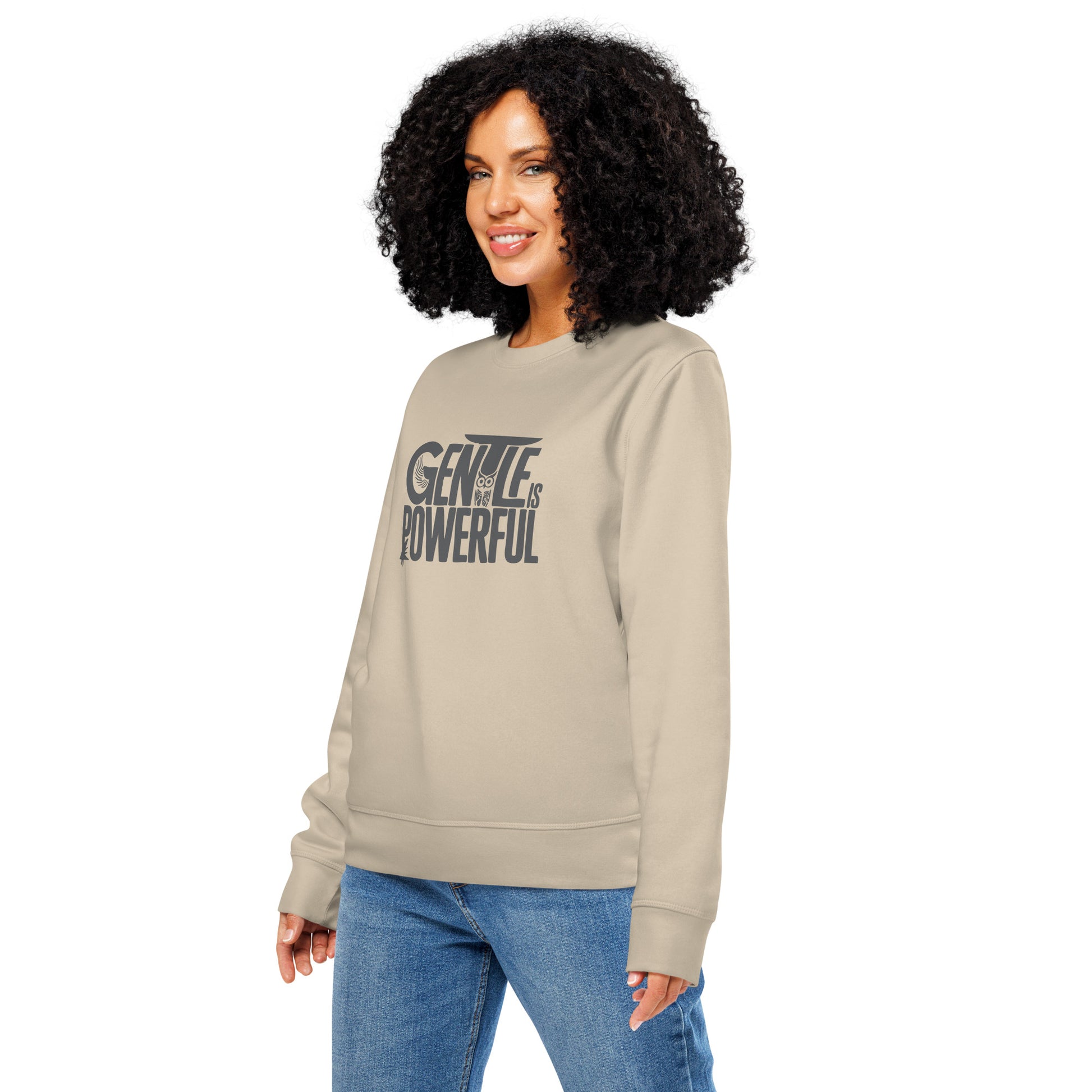 Unisex Organic Mid-Weight Sweatshirt "Gentle is Powerful" – Owl Print Sustainable Fashion Dudeily