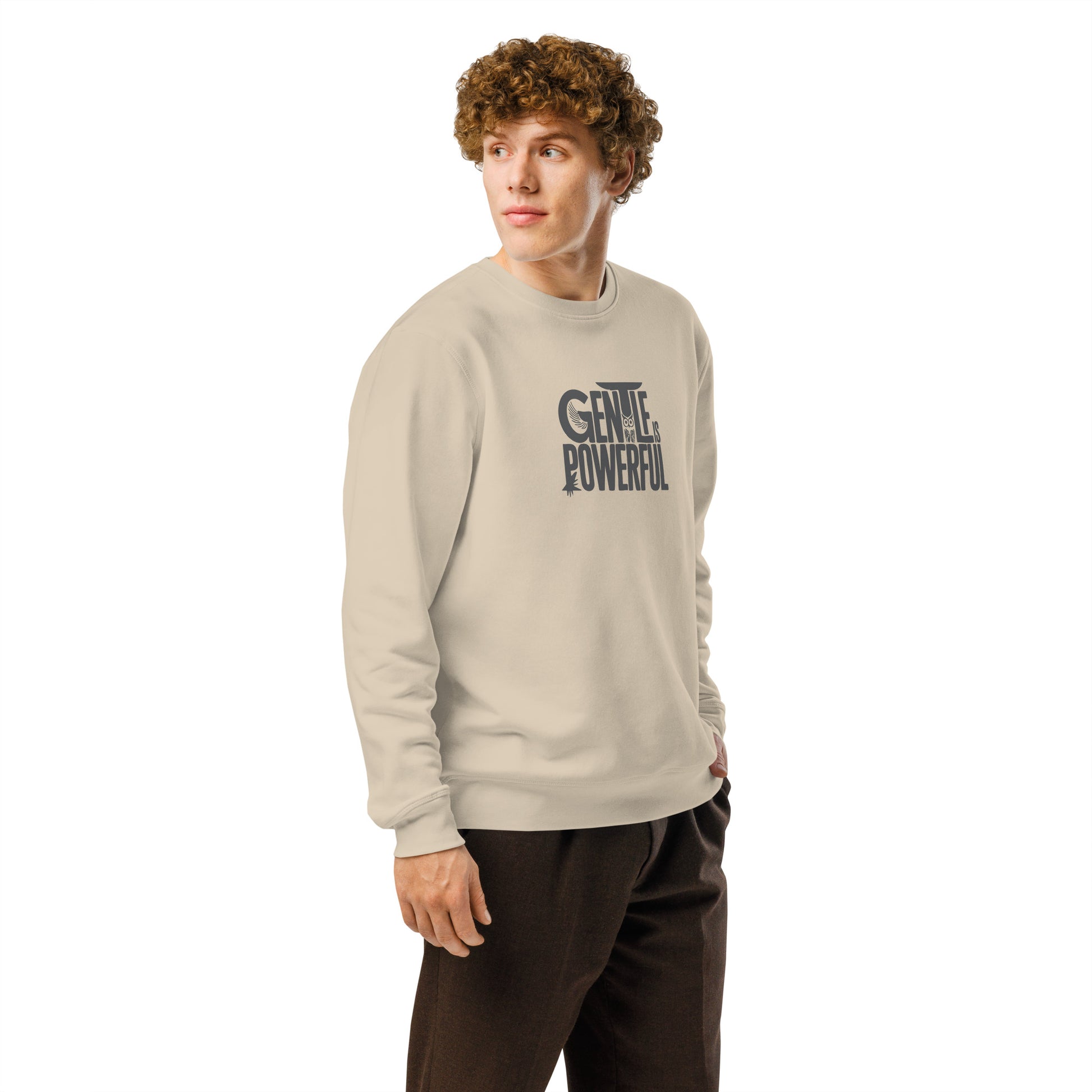 Unisex Organic Mid-Weight Sweatshirt "Gentle is Powerful" – Owl Print Sustainable Fashion Dudeily