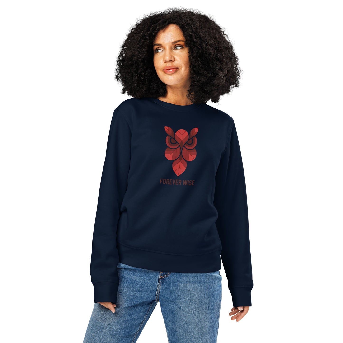 Printed Mid-Weight Sweatshirt: 'Forever Wise' in Fall | Sustainable Owl Fashion USA French Navy Dudeily