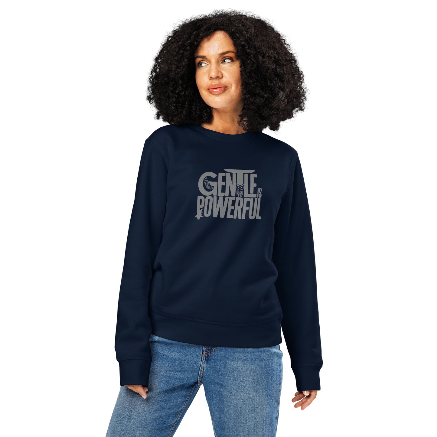 Unisex Organic Mid-Weight Sweatshirt "Gentle is Powerful" – Owl Print Sustainable Fashion Dudeily