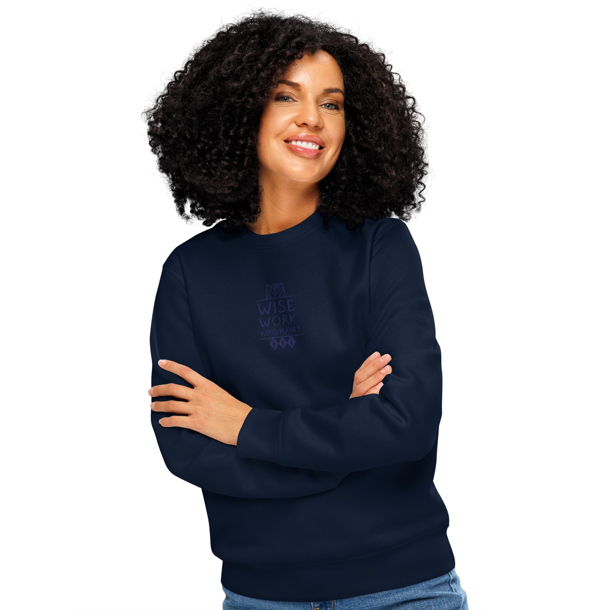 Unisex Organic Mid-Weight Sweatshirt: Wise Work, Kind Planet | Owl Embroidered Sustainable Fashion USA by Dudeily Dudeily