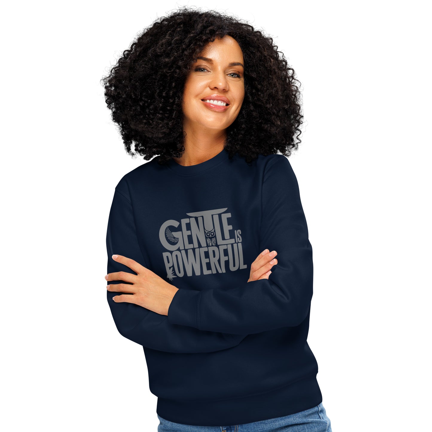 Unisex Organic Mid-Weight Sweatshirt "Gentle is Powerful" – Owl Print Sustainable Fashion Dudeily