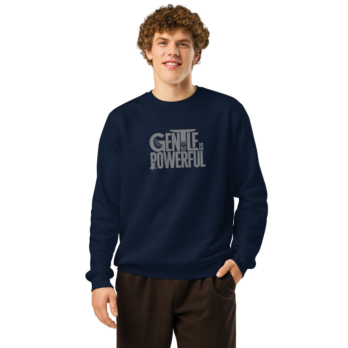 Unisex Organic Mid-Weight Sweatshirt "Gentle is Powerful" – Owl Print Sustainable Fashion Dudeily