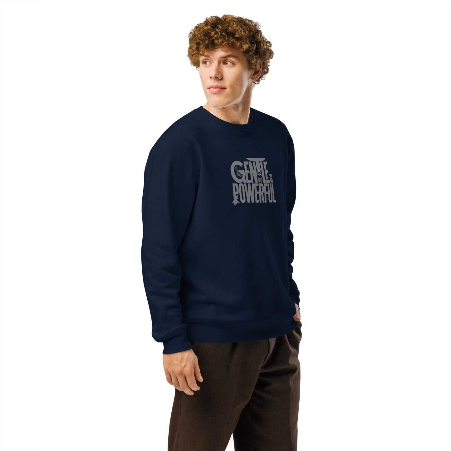 Unisex Organic Mid-Weight Sweatshirt "Gentle is Powerful" – Owl Print Sustainable Fashion Dudeily