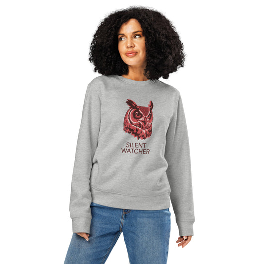 Owl Unisex Organic Mid-Weight Sweatshirt: 'Silent Watcher' in Fall | Sustainable Owl Fashion USA Heather Grey Dudeily