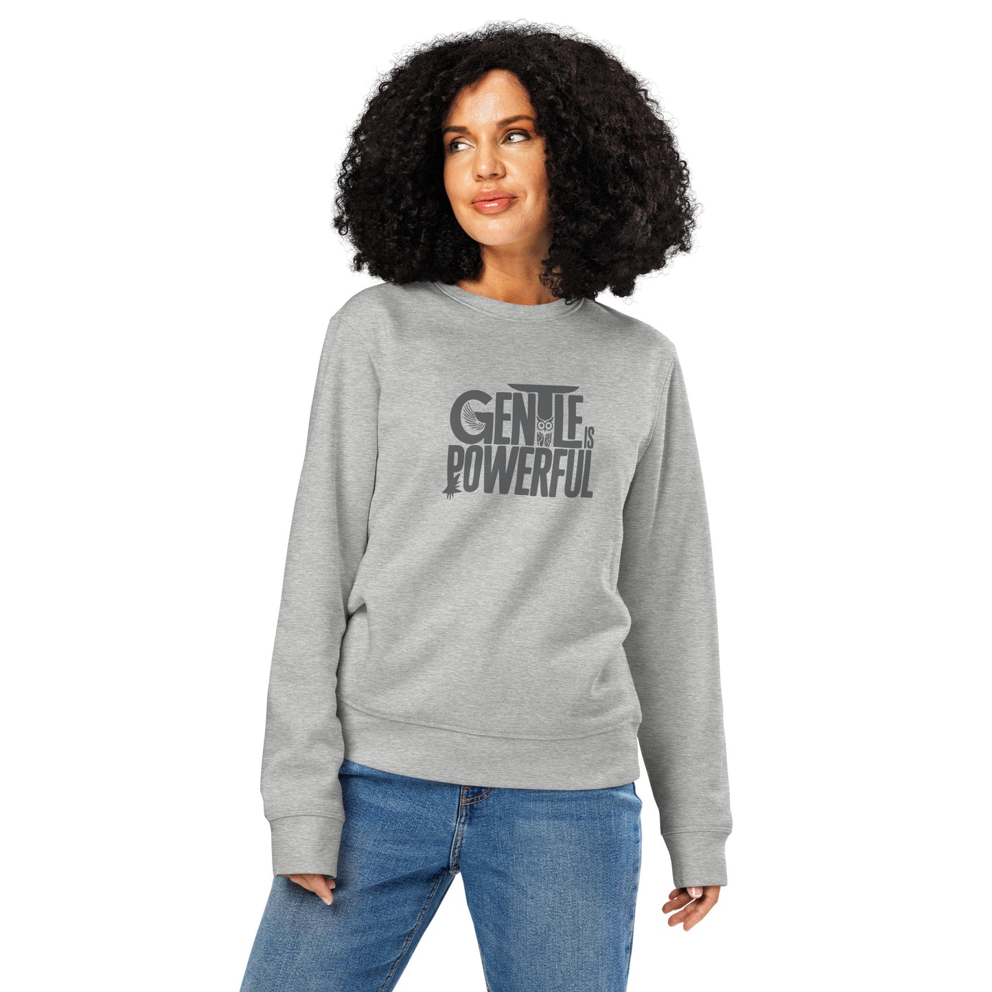 Unisex Organic Mid-Weight Sweatshirt "Gentle is Powerful" – Owl Print Sustainable Fashion Dudeily