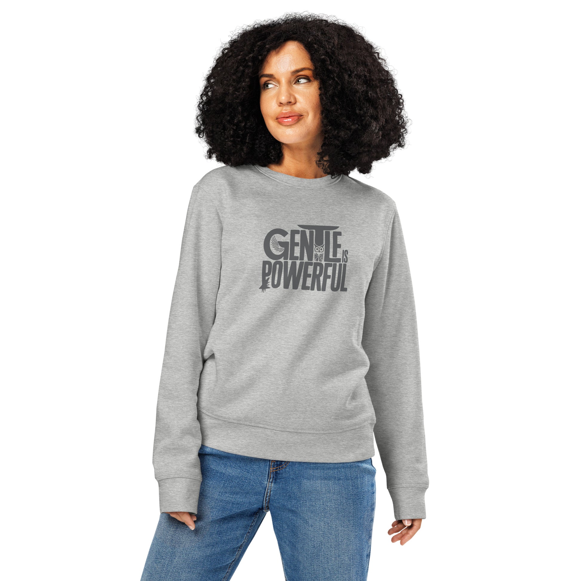 Unisex Organic Mid-Weight Sweatshirt "Gentle is Powerful" – Owl Print Sustainable Fashion Dudeily