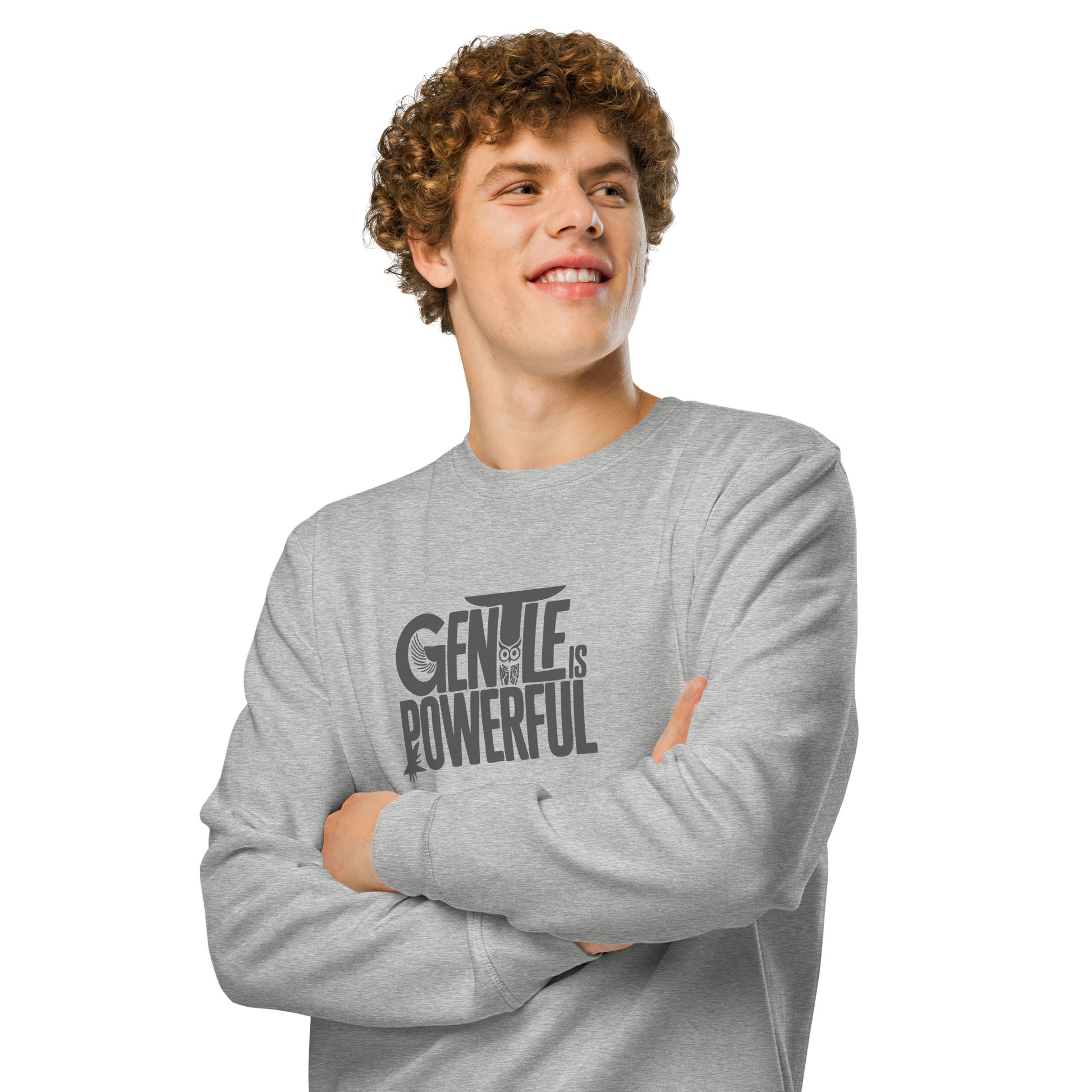 Unisex Organic Mid-Weight Sweatshirt "Gentle is Powerful" – Owl Print Sustainable Fashion Dudeily