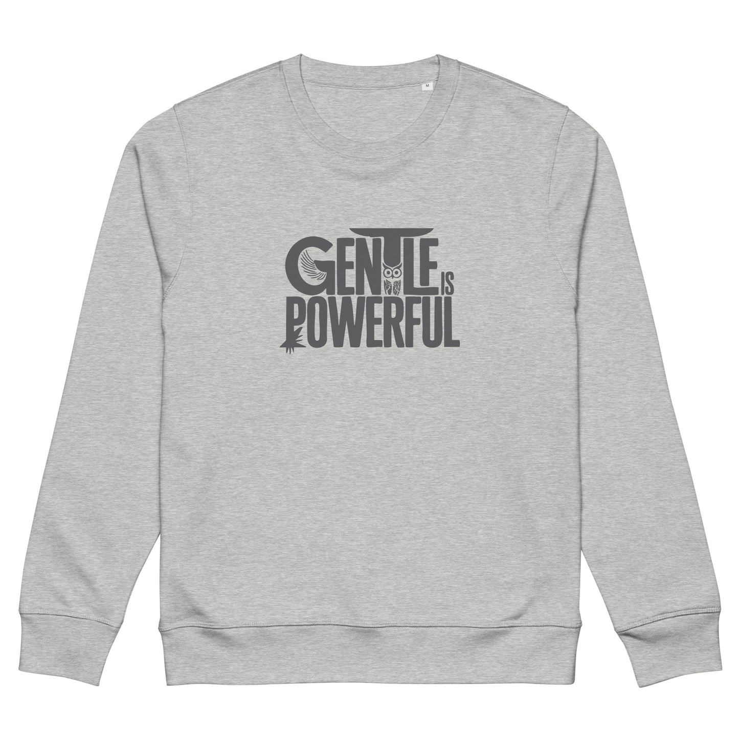 Unisex Organic Mid-Weight Sweatshirt "Gentle is Powerful" – Owl Print Sustainable Fashion Heather Grey Dudeily