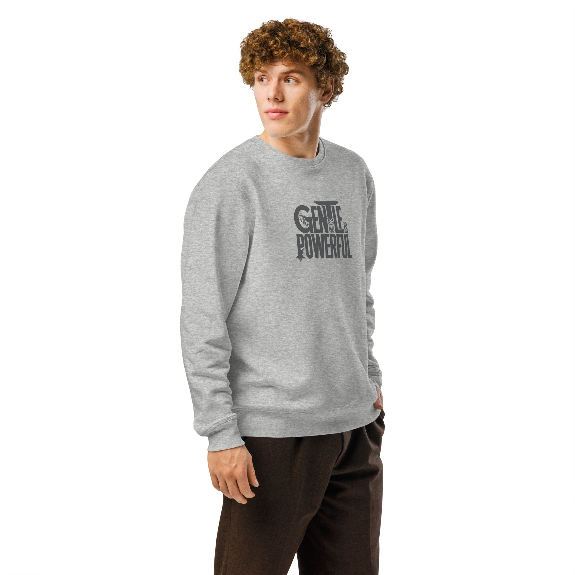 Unisex Organic Mid-Weight Sweatshirt "Gentle is Powerful" – Owl Print Sustainable Fashion Dudeily