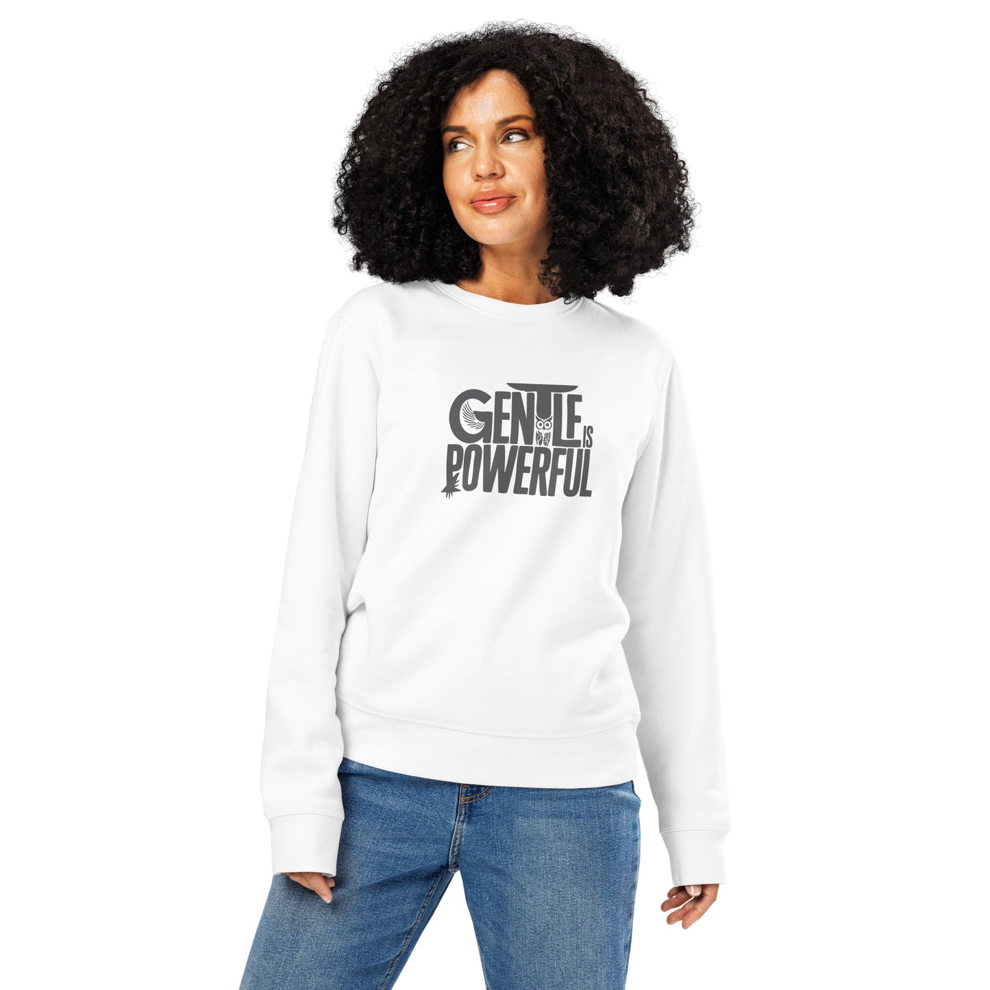 Unisex Organic Mid-Weight Sweatshirt "Gentle is Powerful" – Owl Print Sustainable Fashion Dudeily