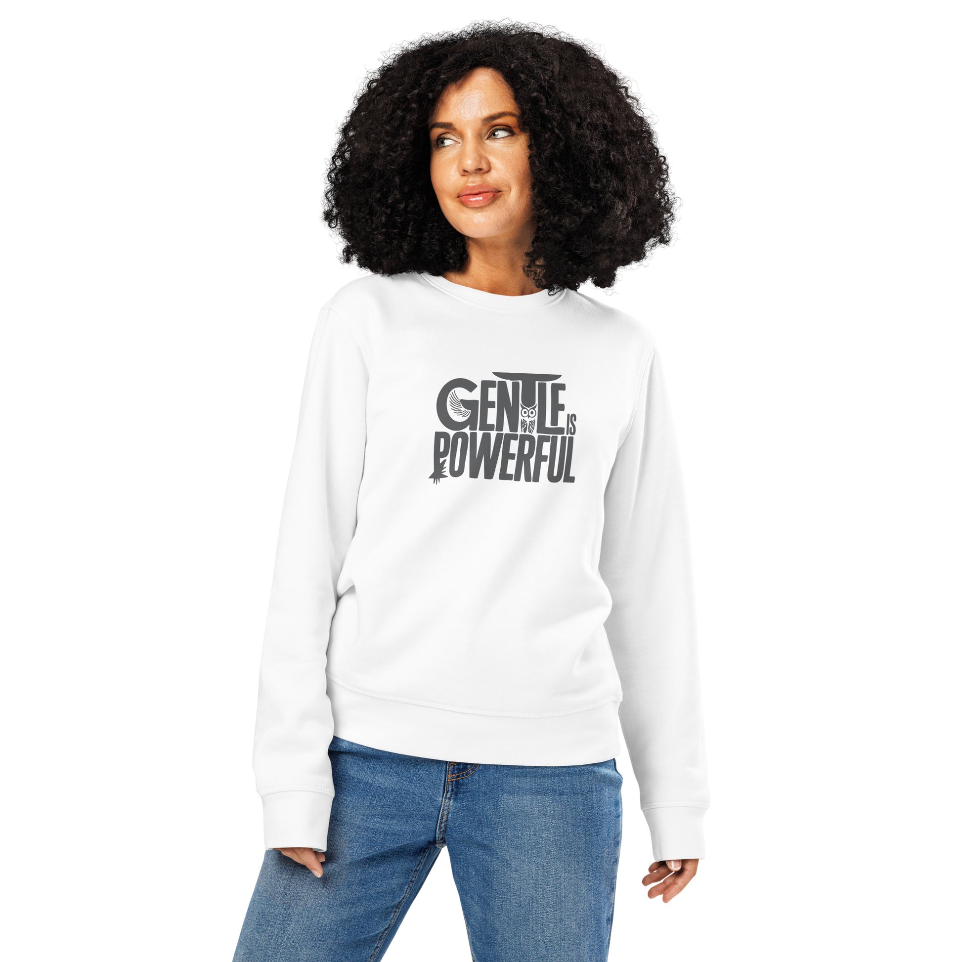 Unisex Organic Mid-Weight Sweatshirt "Gentle is Powerful" – Owl Print Sustainable Fashion Dudeily