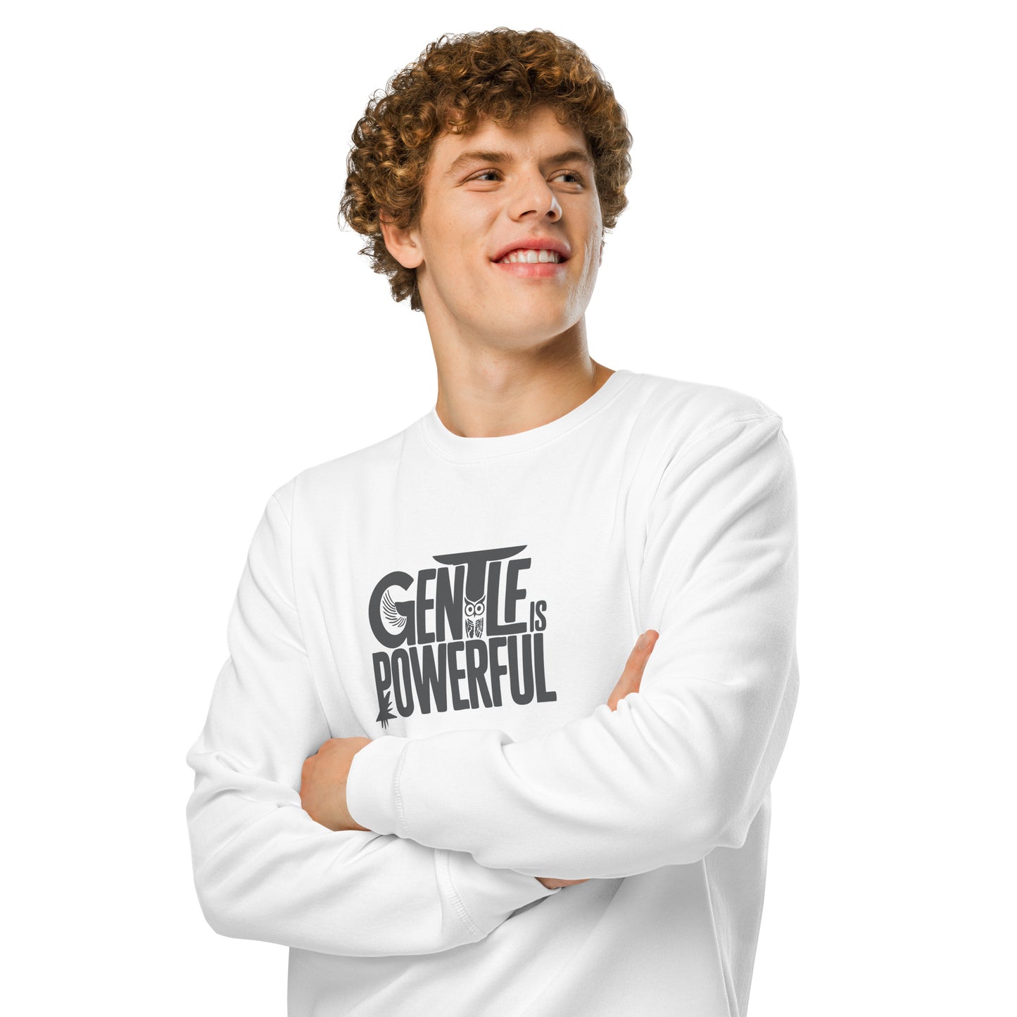 Unisex Organic Mid-Weight Sweatshirt "Gentle is Powerful" – Owl Print Sustainable Fashion Dudeily