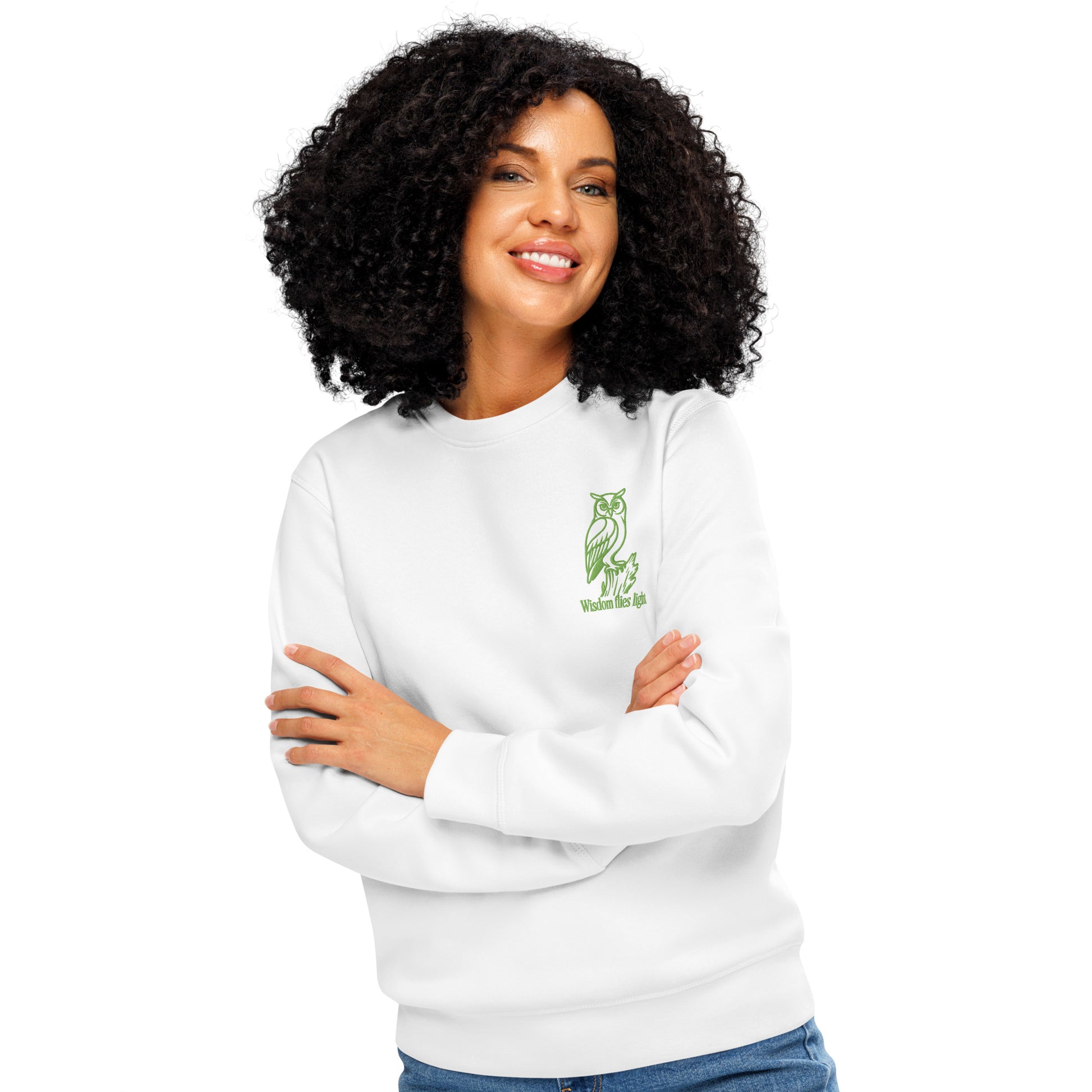 Owl Unisex Organic Mid-Weight Sweatshirt: 'Wisdom Flies Light' in Fall | Sustainable Fashion USA Dudeily