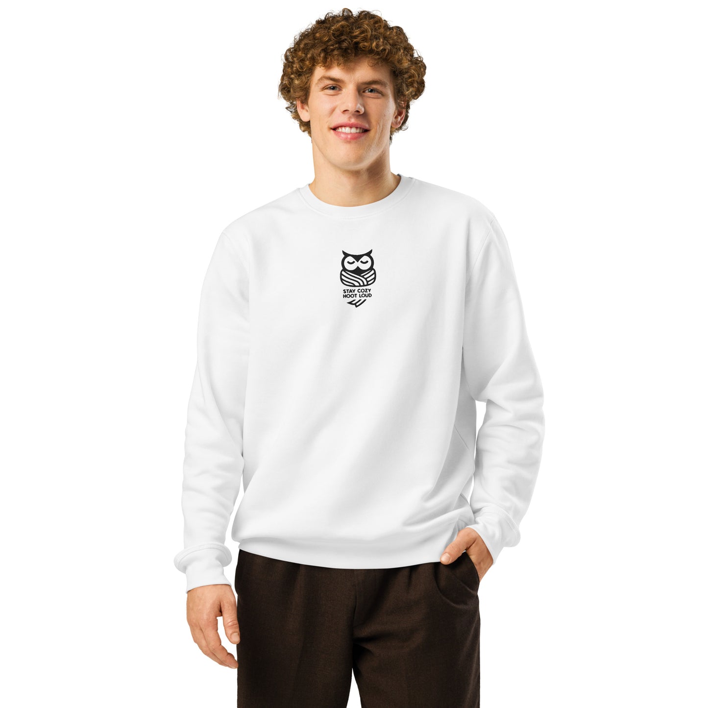 Owl Unisex Organic Mid-Weight Sweatshirt: 'Stay Cozy Hoot Loud' in Fall | Sustainable Fashion USA Dudeily
