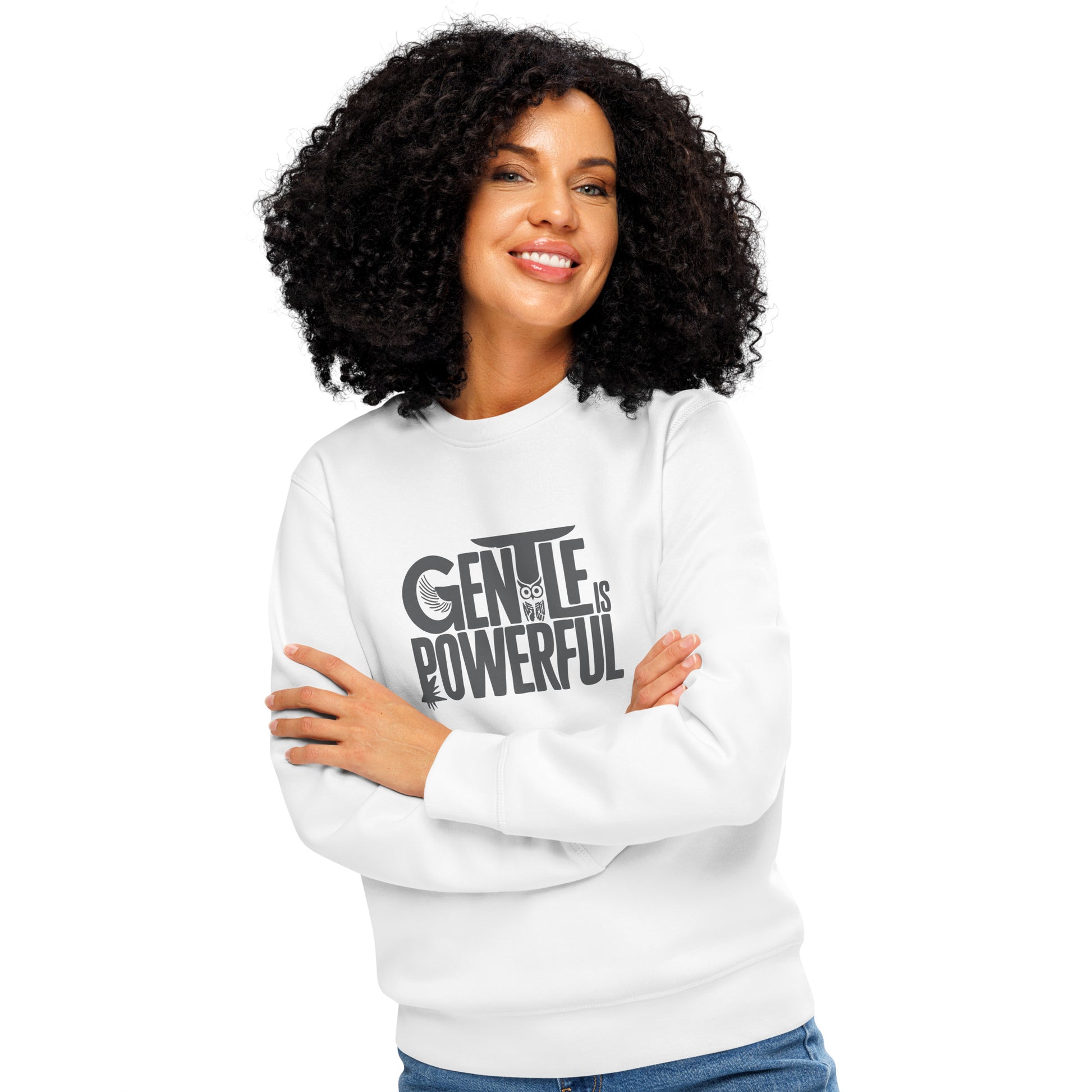 Unisex Organic Mid-Weight Sweatshirt "Gentle is Powerful" – Owl Print Sustainable Fashion Dudeily