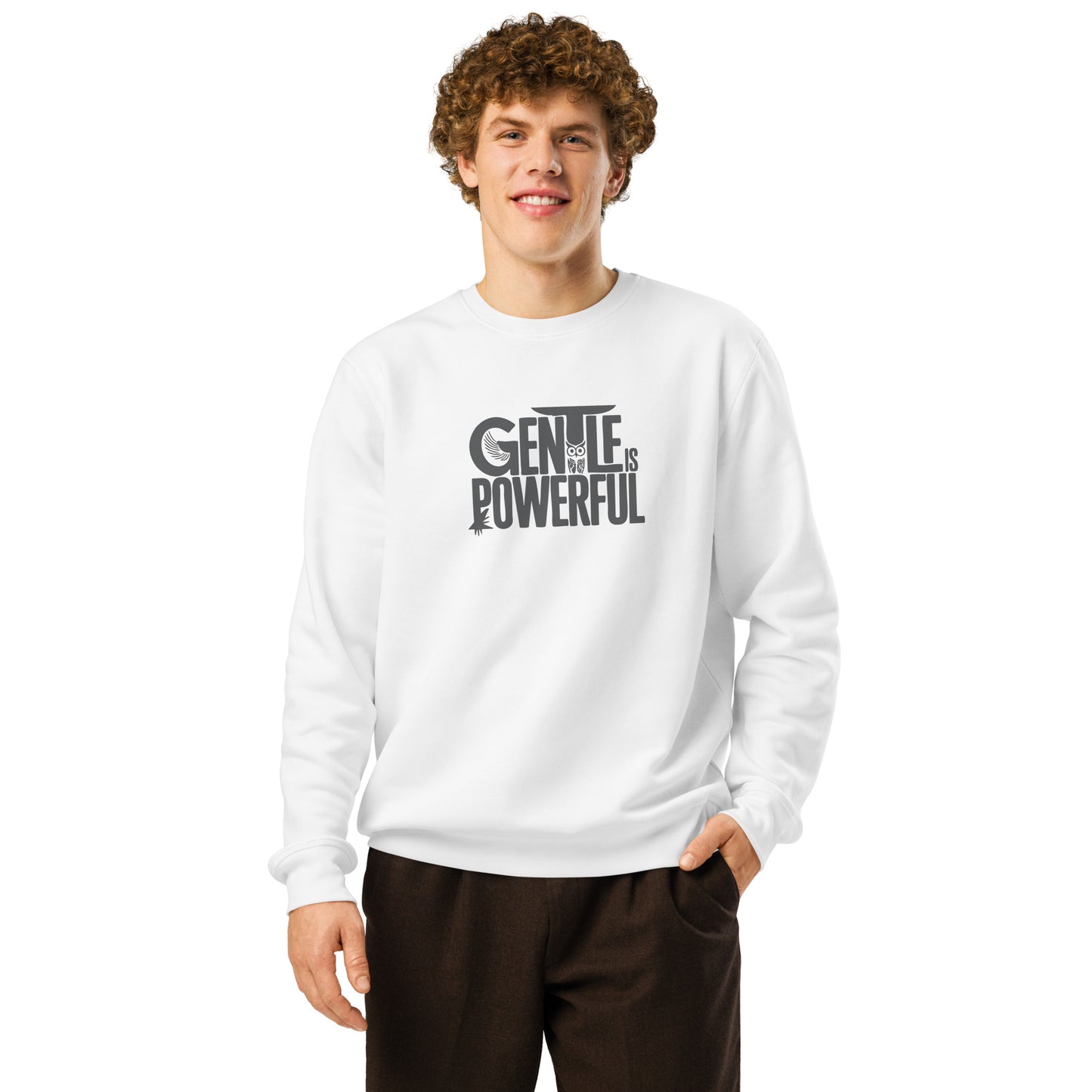 Unisex Organic Mid-Weight Sweatshirt "Gentle is Powerful" – Owl Print Sustainable Fashion Dudeily
