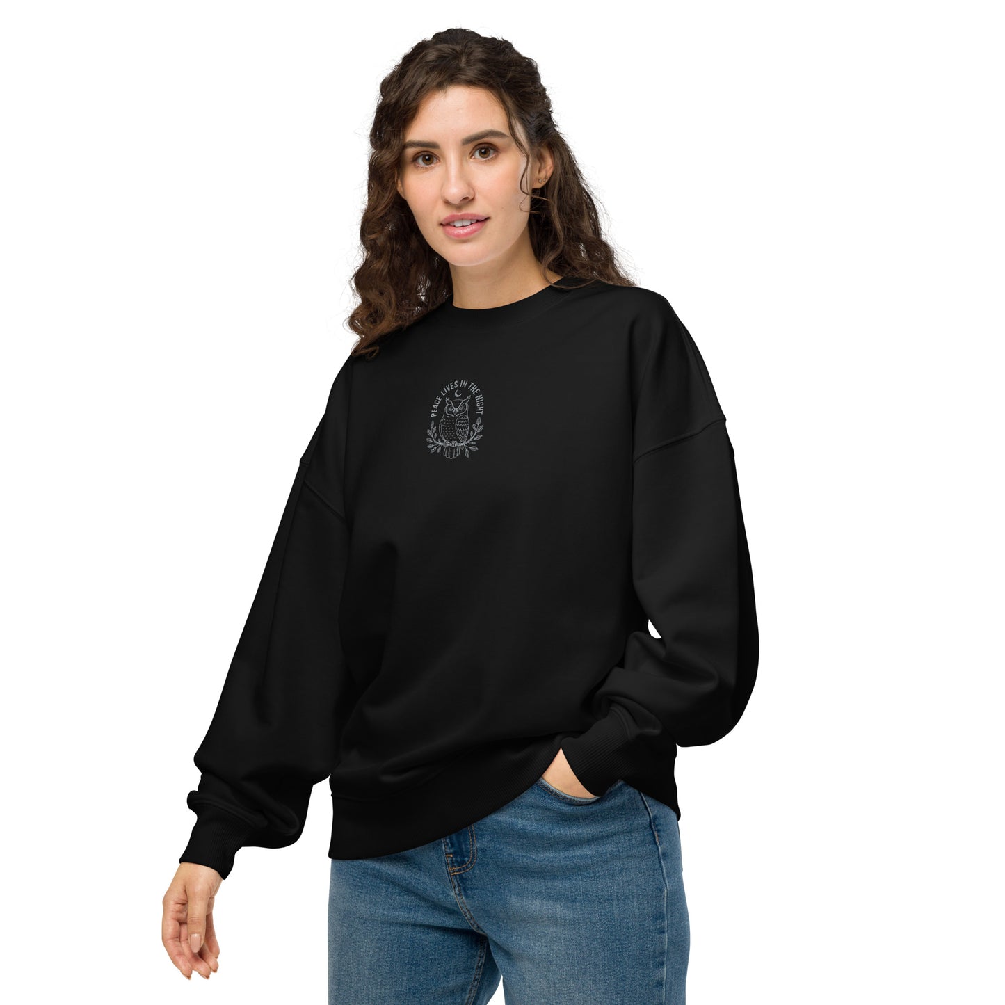 Owl Unisex Organic Oversized Sweatshirt – 'Peace Lives in the Night' in Fall | Sustainable Fashion USA Dudeily