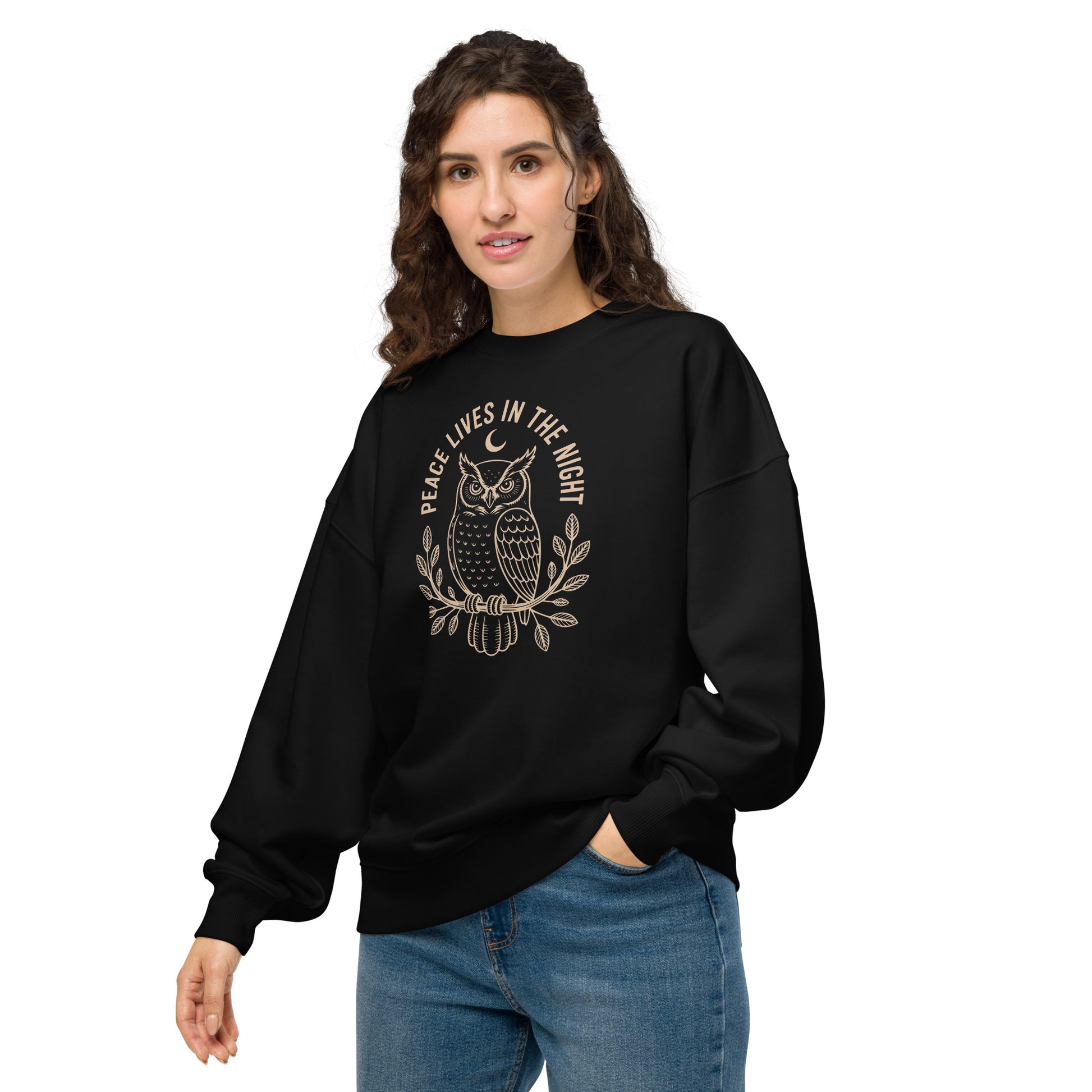 Unisex Organic Oversized Sweatshirt: 'Peace in the Night' in Fall | Sustainable Owl Fashion USA Dudeily