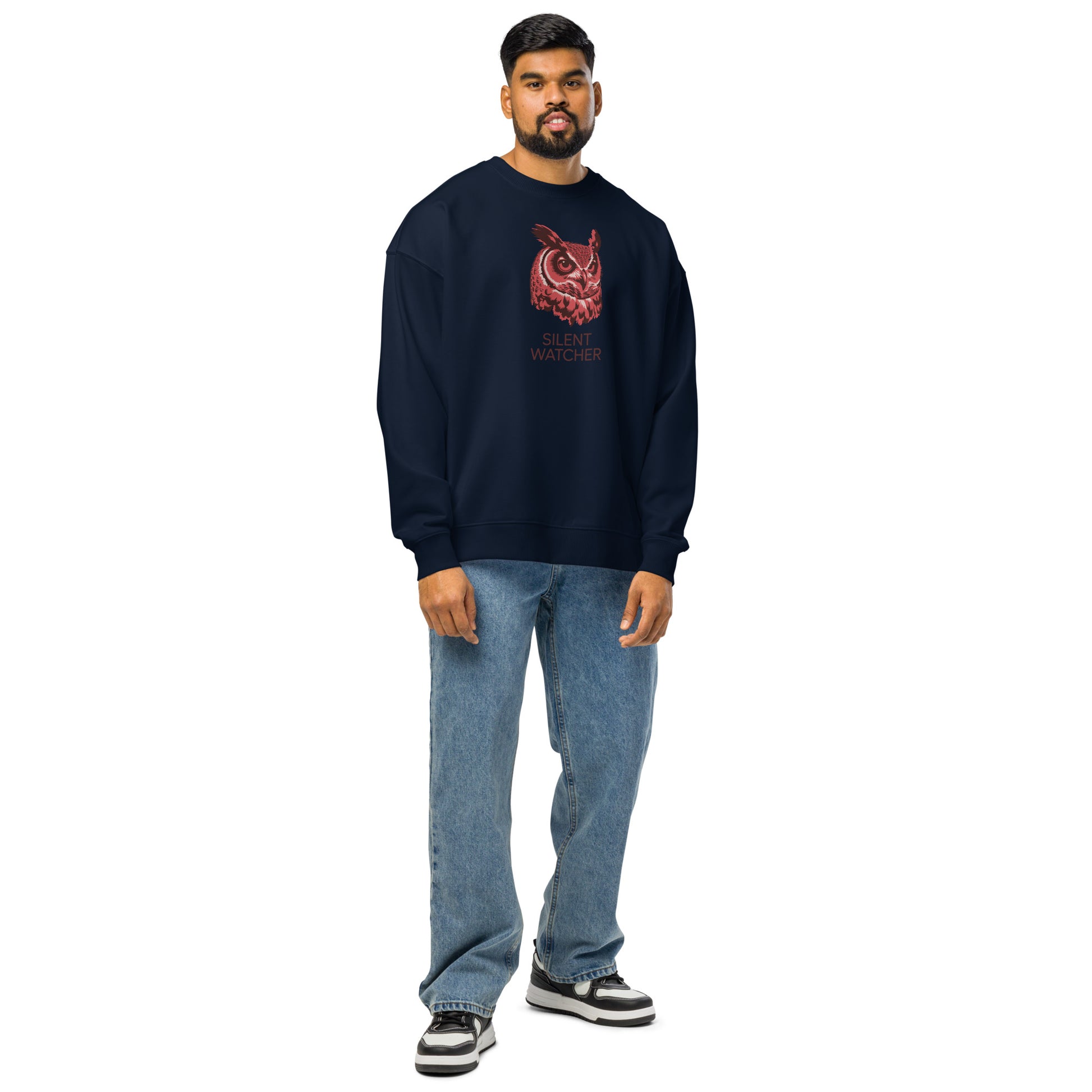 Unisex Organic Oversized Sweatshirt: ‘Silent Watcher’ in Fall | Sustainable Owl Fashion USA Dudeily