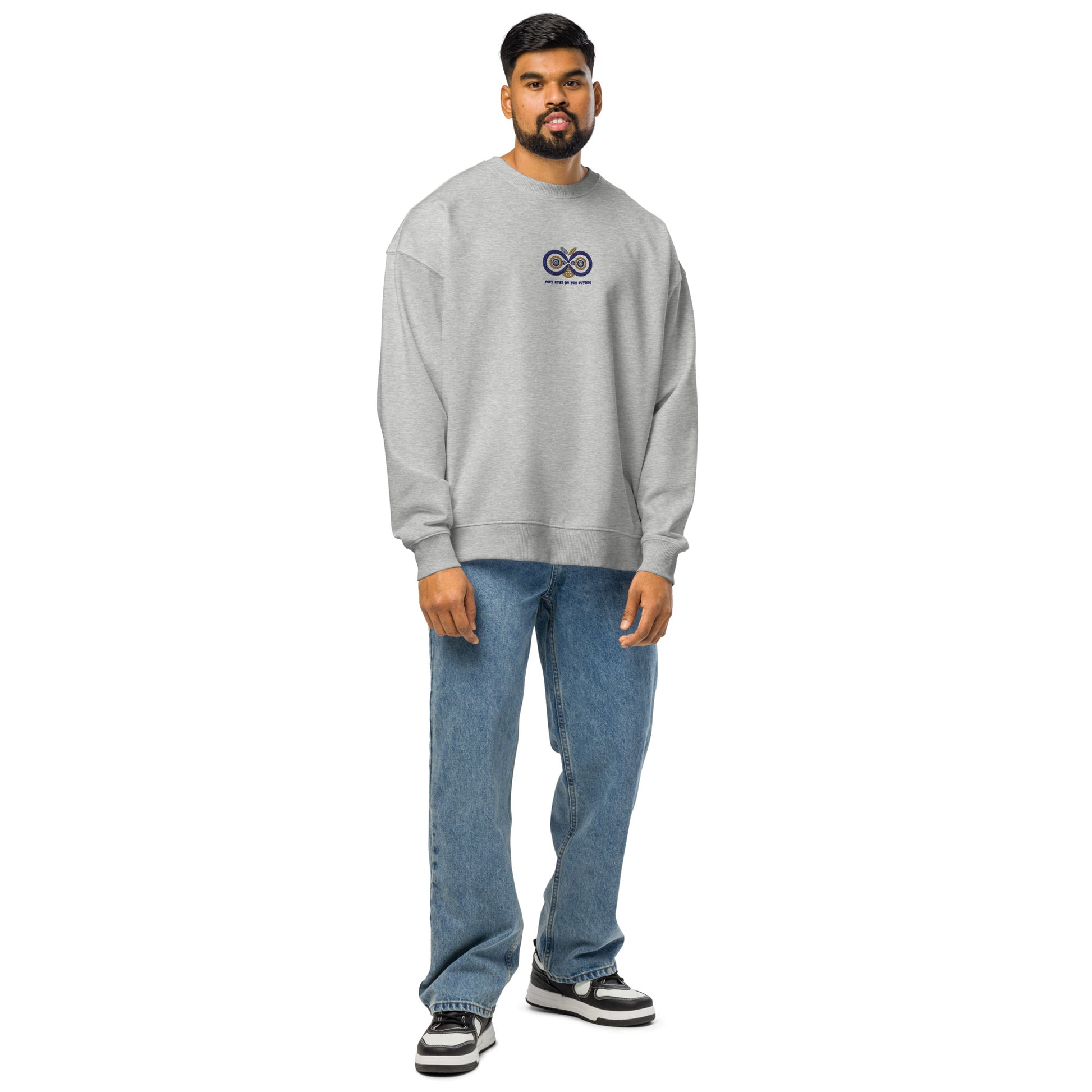 Unisex Organic Oversized Sweatshirt: Owl Eyes on the Future | Owl Embroidered Eco-Friendly Fashion USA by Dudeily Dudeily