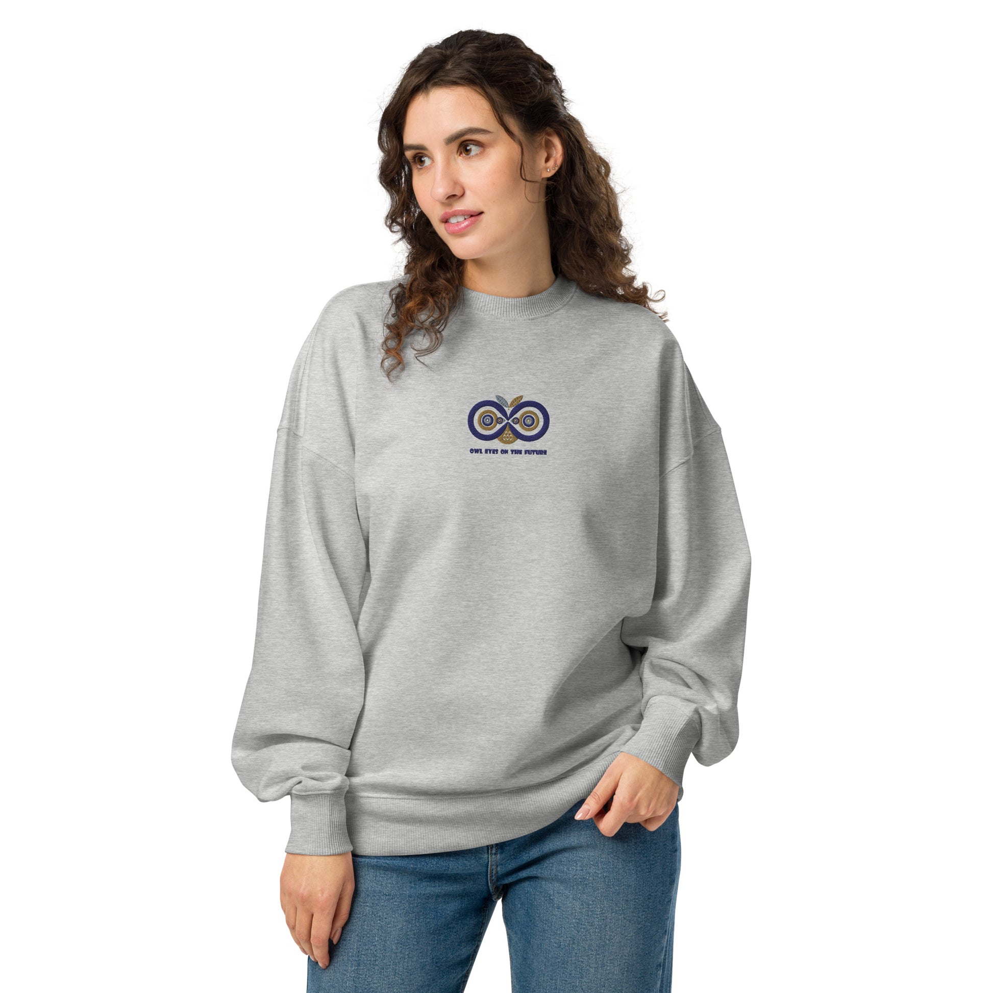 Unisex Organic Oversized Sweatshirt: Owl Eyes on the Future | Owl Embroidered Eco-Friendly Fashion USA by Dudeily Heather Grey Dudeily