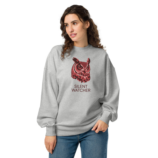 Unisex Organic Oversized Sweatshirt: ‘Silent Watcher’ in Fall | Sustainable Owl Fashion USA Heather Grey Dudeily