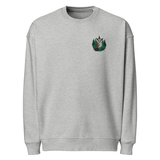 Unisex Organic Oversized Sweatshirt – Gentle Owl Print | Eco-Friendly Owl Clothing Heather Grey Dudeily
