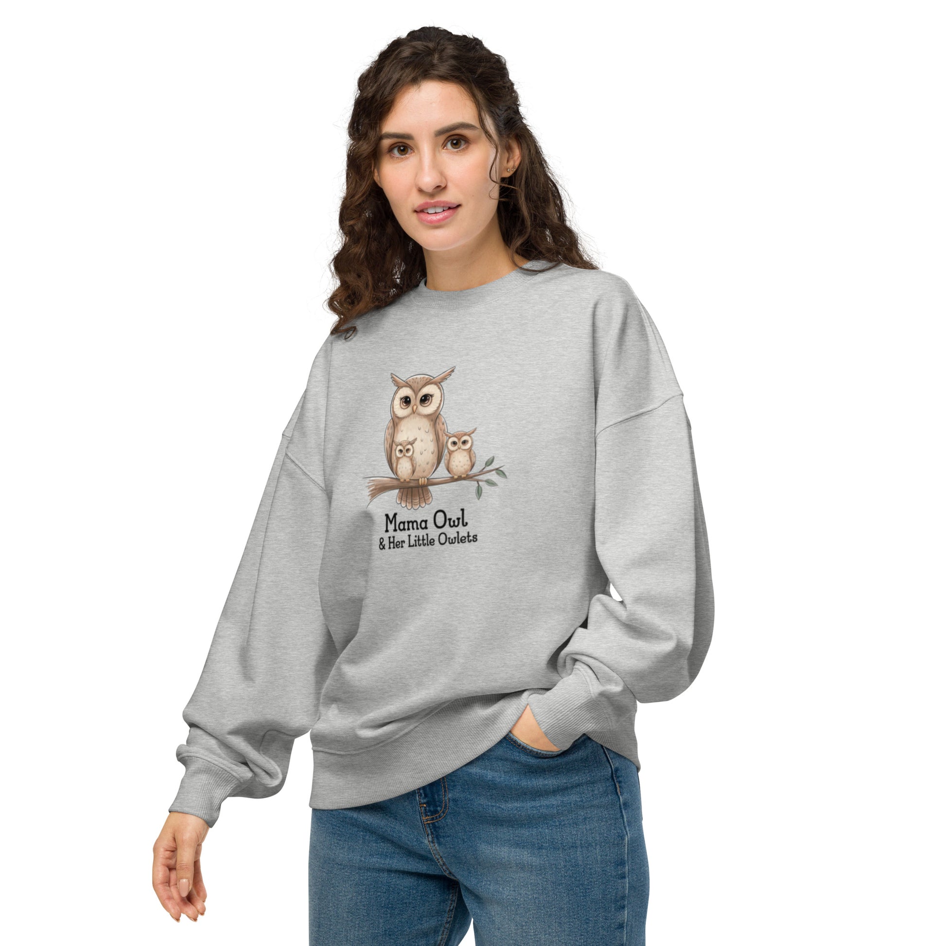 Unisex Organic Oversized Sweatshirt – Sustainable Owl-Themed Relaxed Fit Pullover Heather Grey Dudeily