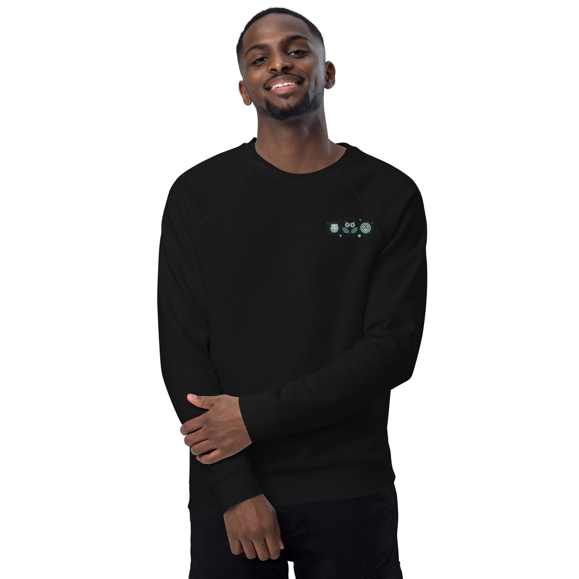 Unisex Organic Raglan Sweatshirt: Nature’s Union | Owl Embroidered Sustainable Fashion USA Dudeily
