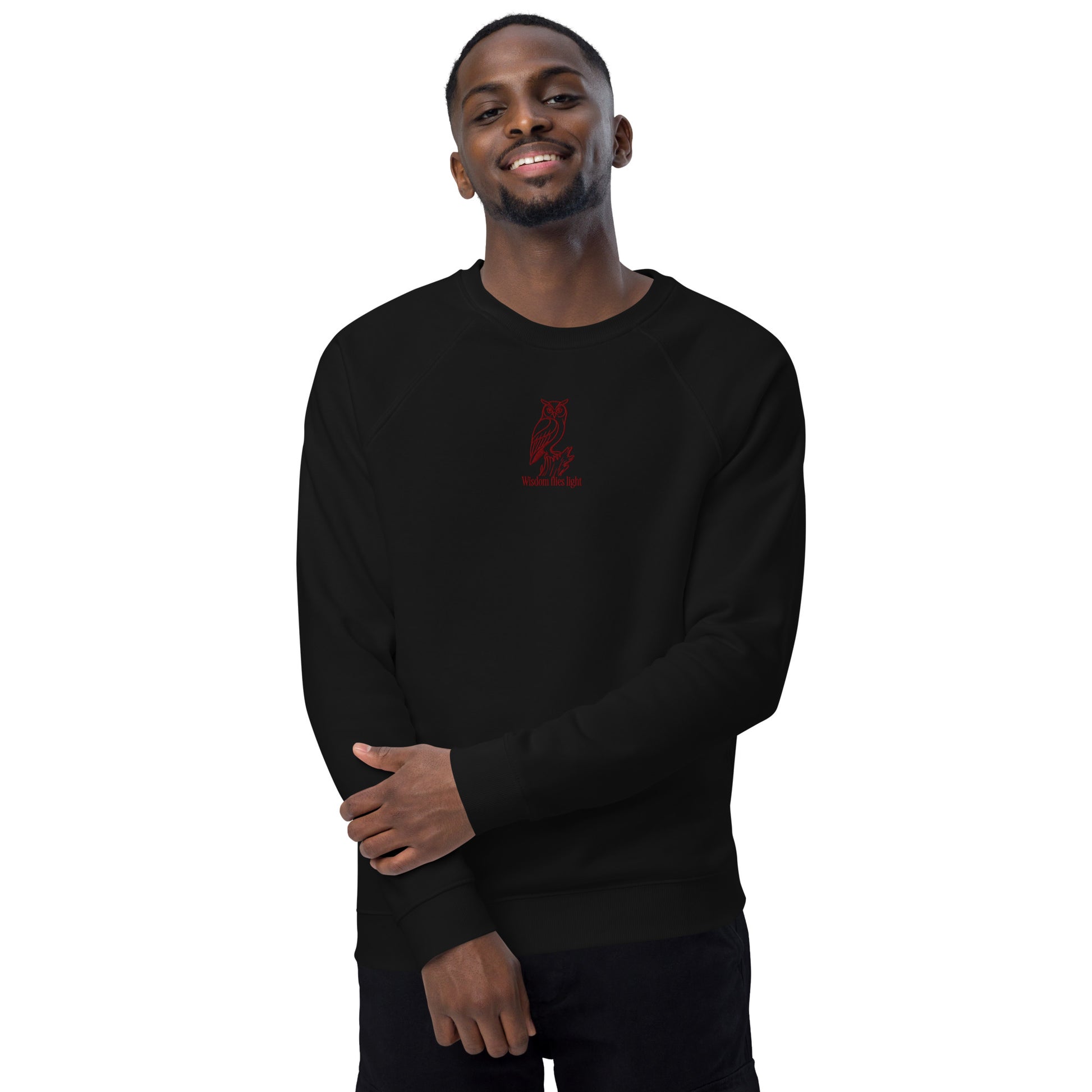 Owl Unisex Organic Raglan Sweatshirt: 'Wisdom Flies Light' in Fall | Sustainable Fashion USA Dudeily