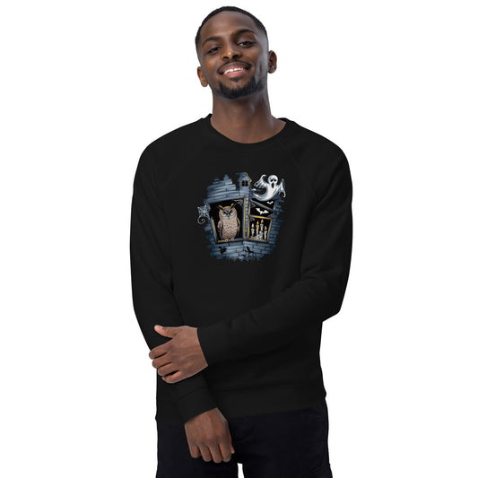 Unisex Organic Raglan Sweatshirt: Halloween Owl Eco-Friendly USA Dudeily