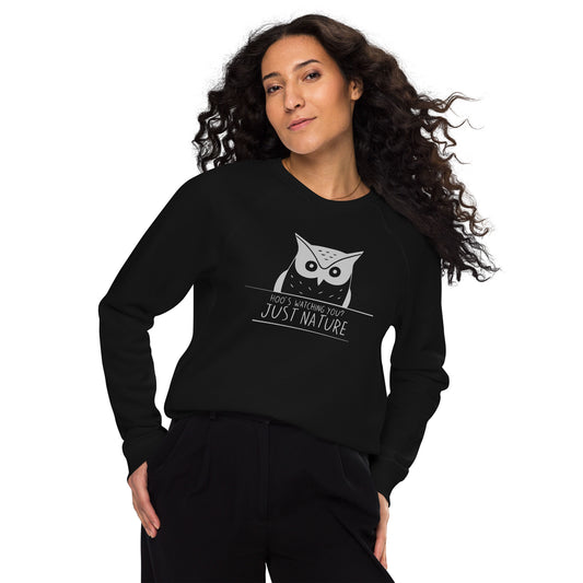 Unisex Organic Raglan Sweatshirt: 'Stay Cozy Hoot Loud' in Fall | Eco-Friendly Owl Apparel USA Black Dudeily