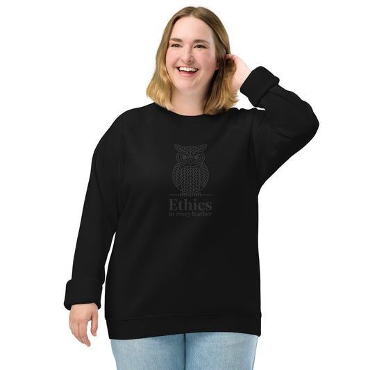 Unisex Organic Raglan Sweatshirt: 'Ethics in Every Feather' | Ethical Owl Clothing USA Black Dudeily