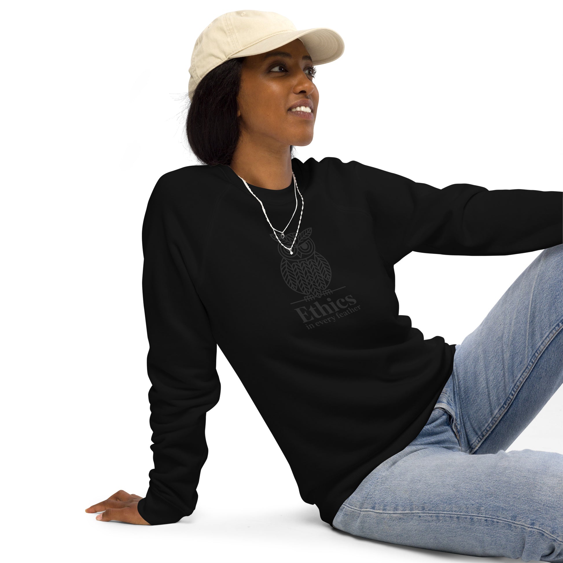 Unisex Organic Raglan Sweatshirt: 'Ethics in Every Feather' | Ethical Owl Clothing USA Dudeily
