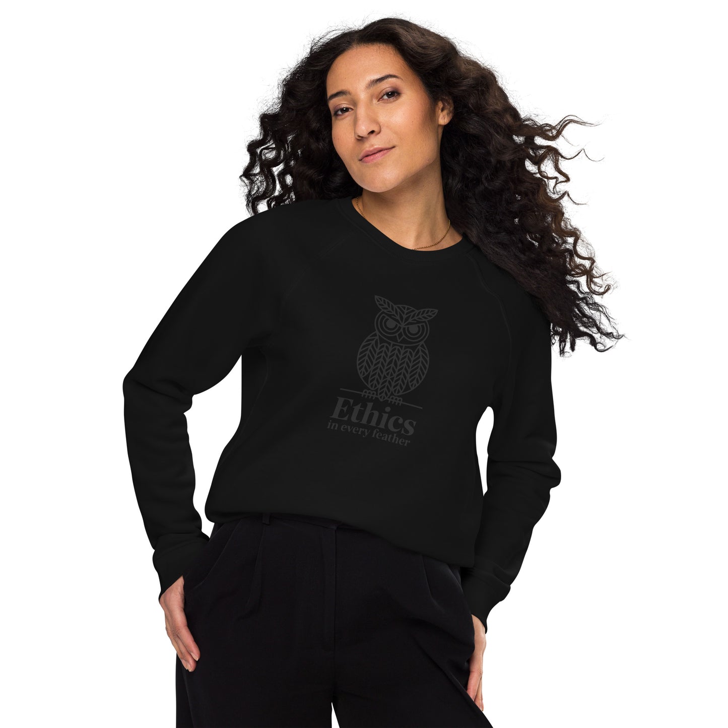 Unisex Organic Raglan Sweatshirt: 'Ethics in Every Feather' | Ethical Owl Clothing USA Dudeily