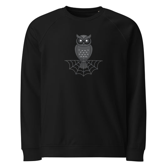 Unisex Organic Raglan Sweatshirt: Halloween Owl Eco-Friendly Style Dudeily