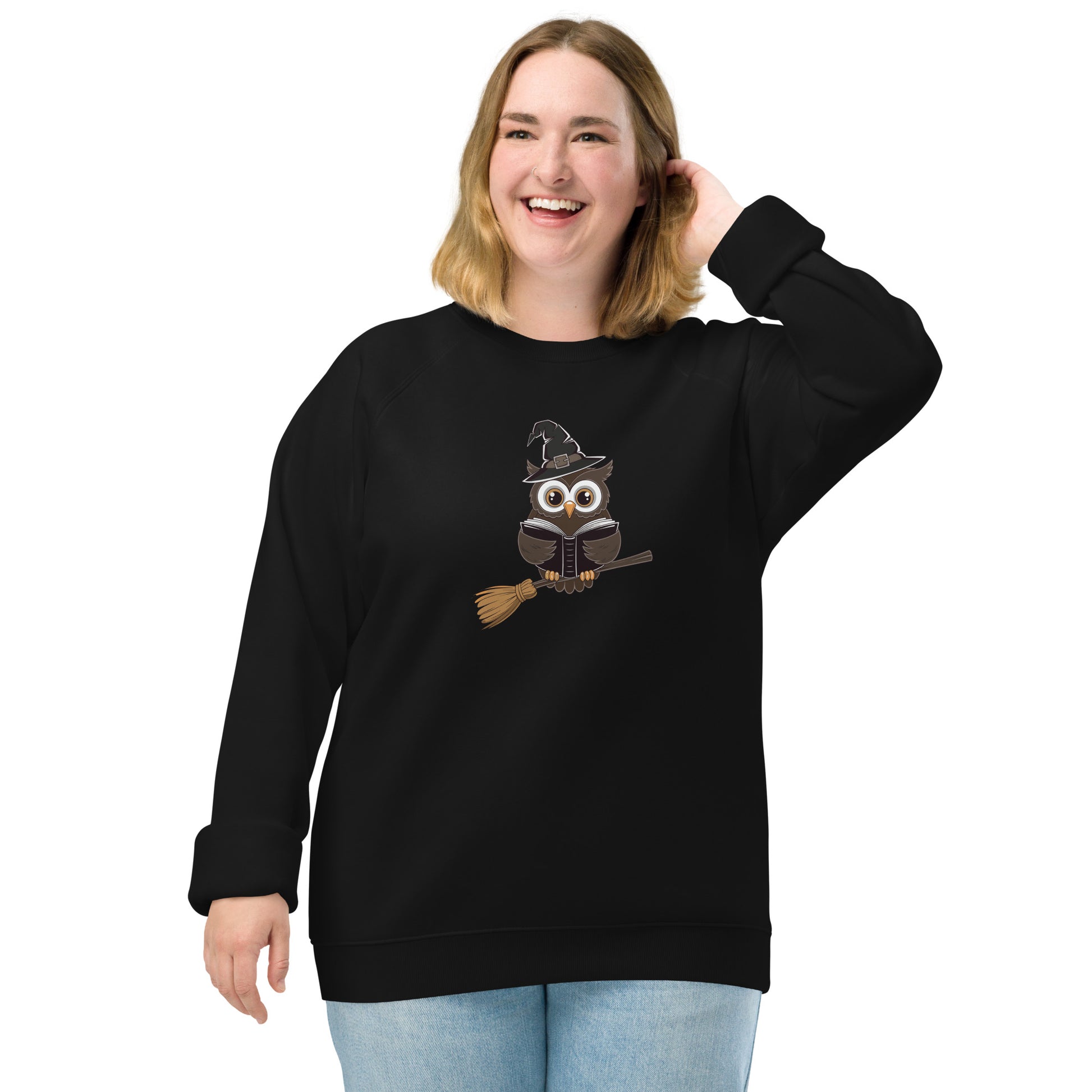 Unisex Organic Raglan Sweatshirt: Halloween Owl Eco Fashion USA Dudeily