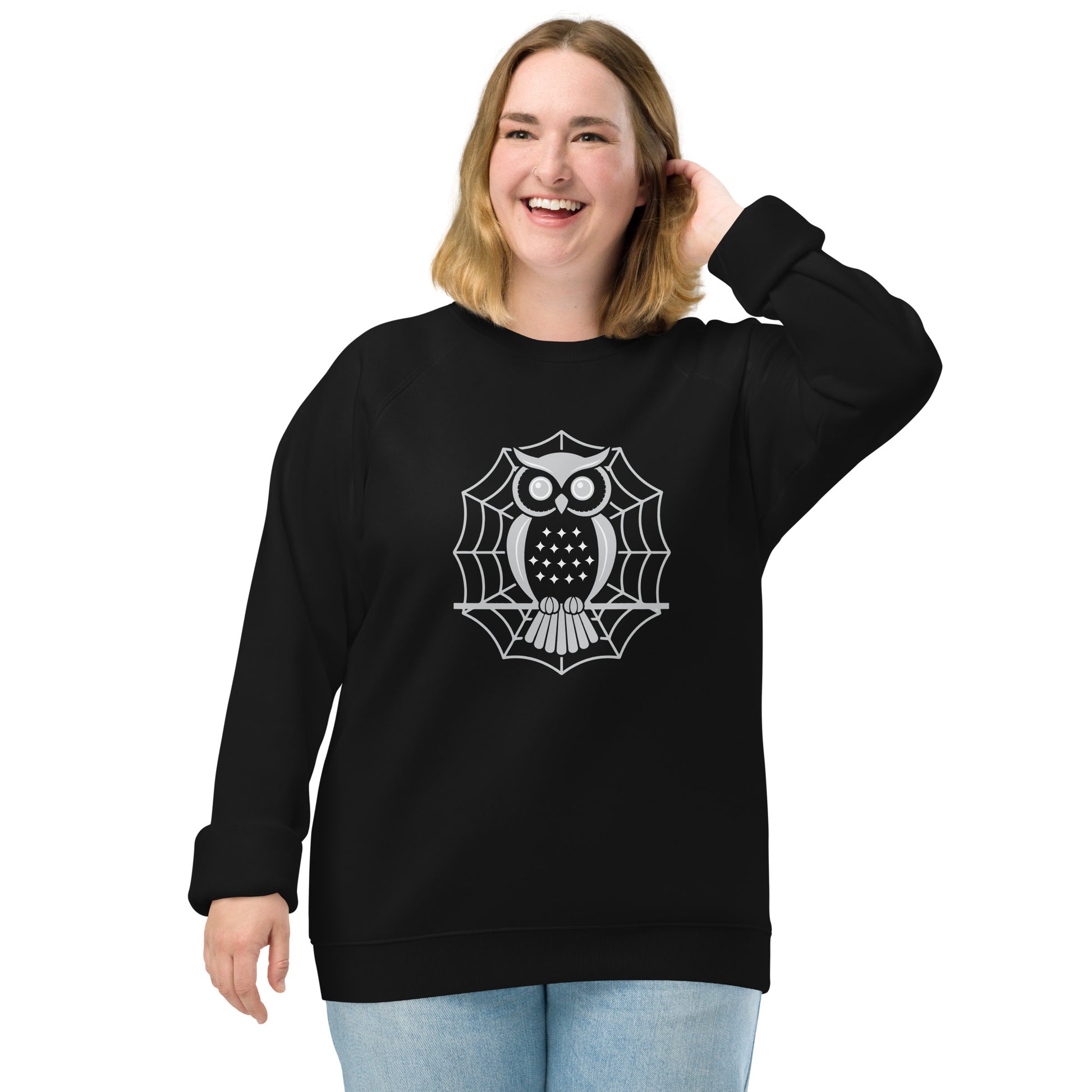 Unisex Organic Raglan Sweatshirt: Halloween Owl Eco-Friendly USA Dudeily