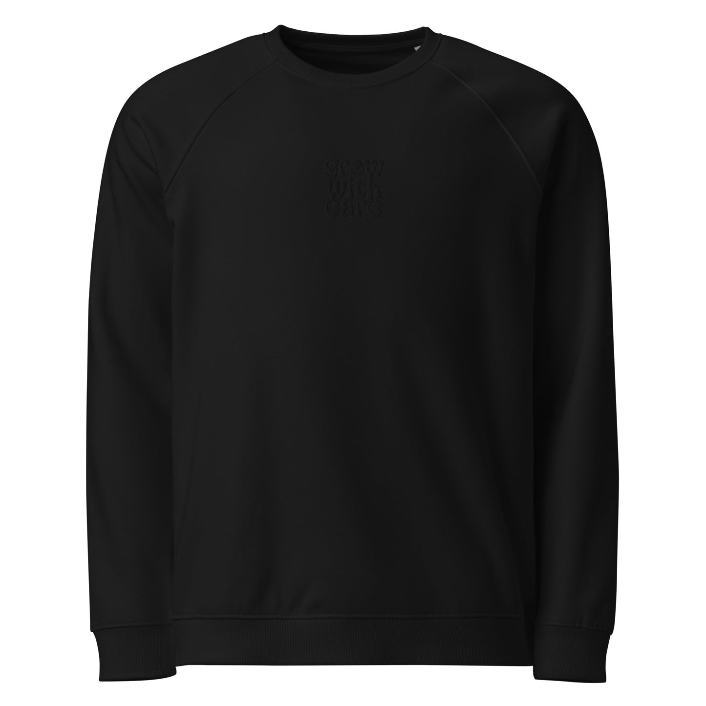 Eco-Friendly Owl Clothing Embroidered Unisex Organic Raglan Sweatshirt "Grow With Care" Black Dudeily
