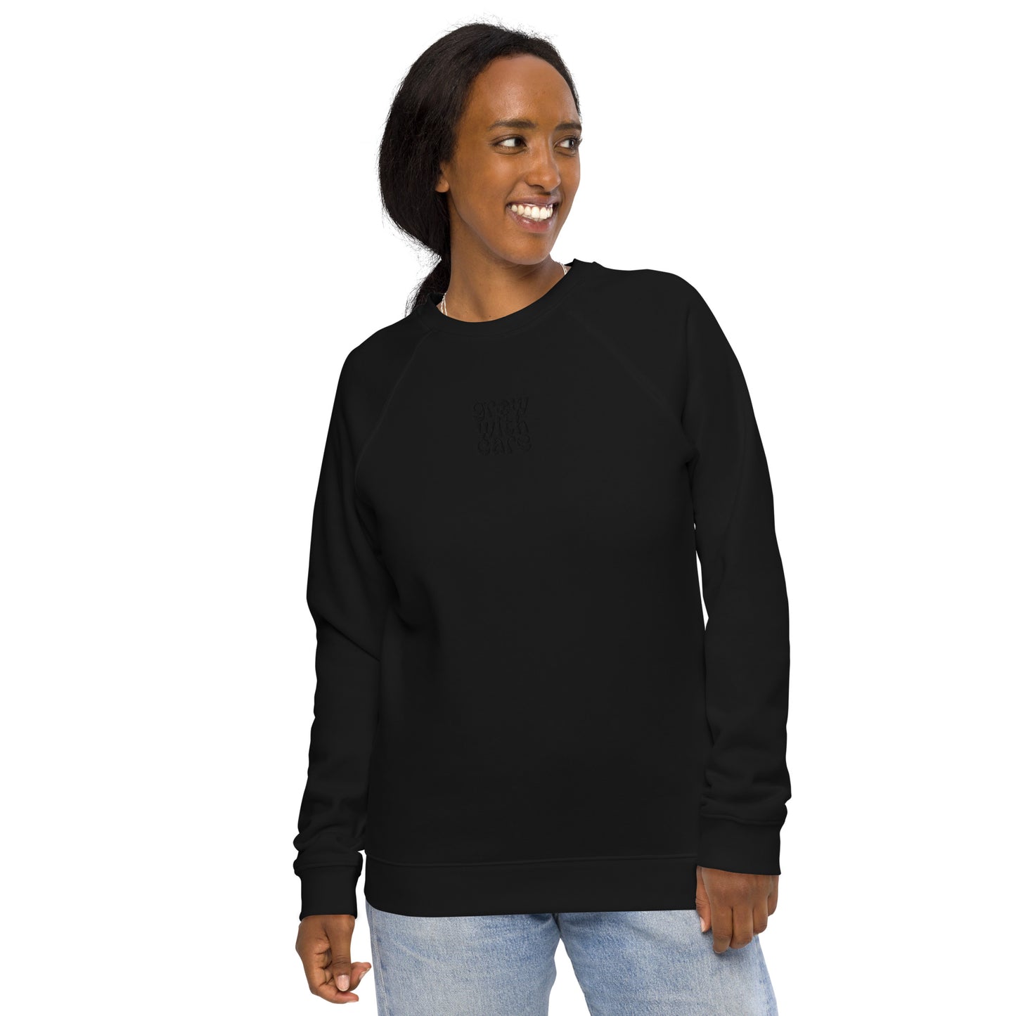 Eco-Friendly Owl Clothing Embroidered Unisex Organic Raglan Sweatshirt "Grow With Care" Dudeily