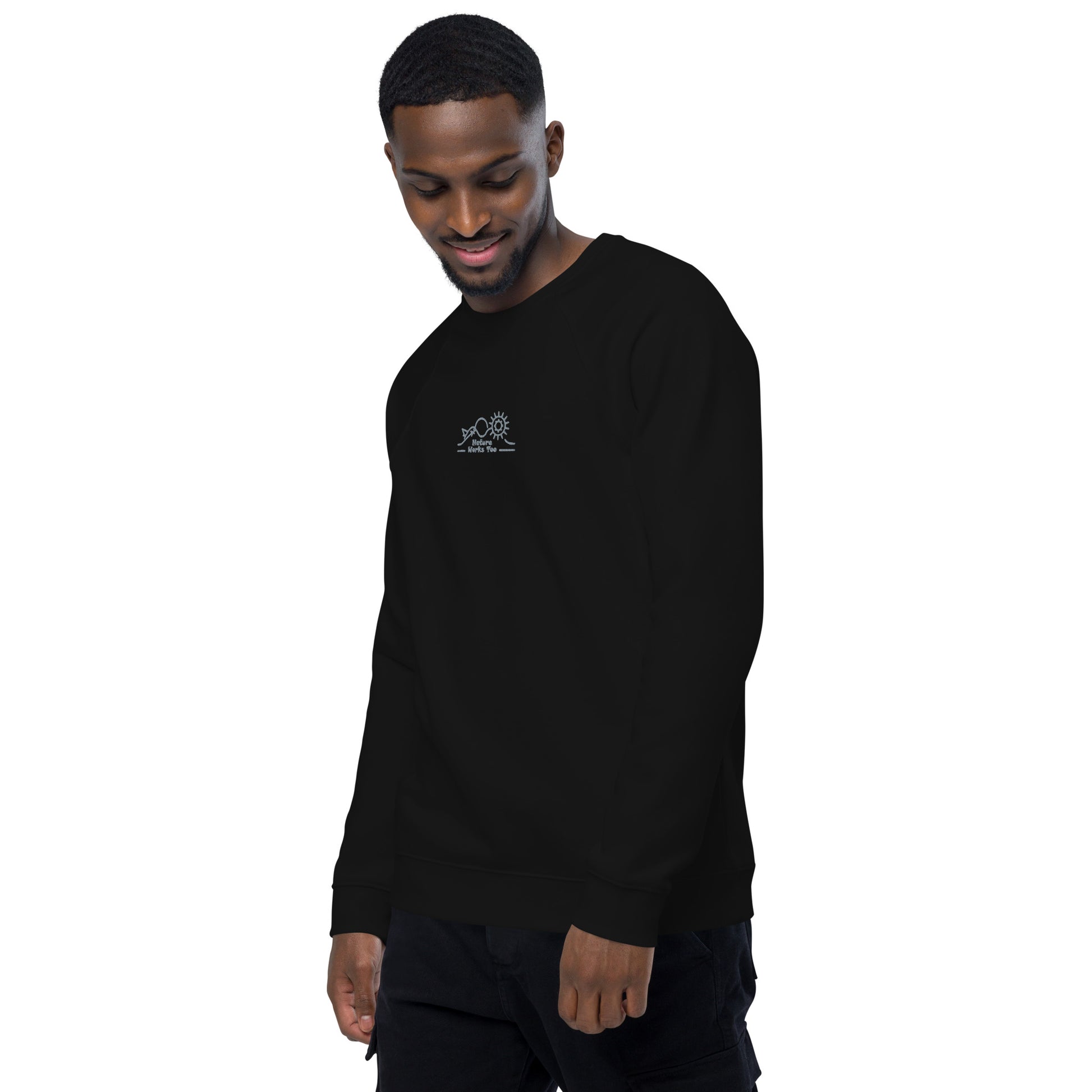 Unisex Organic Raglan Sweatshirt: Nature Works Too | Owl Embroidered Sustainable Fashion USA by Dudeily Dudeily