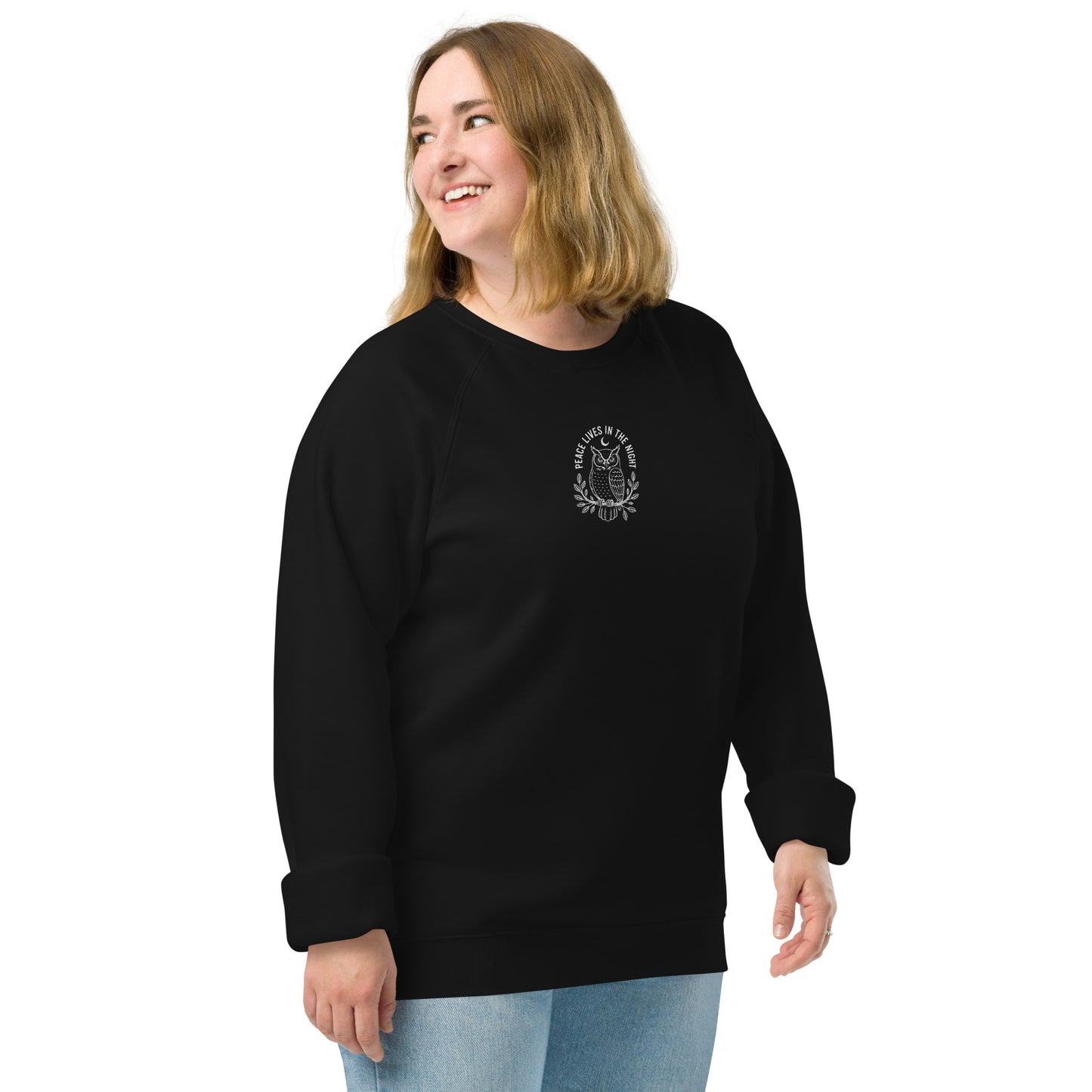 Owl Unisex Organic Raglan Sweatshirt – 'Peace Lives in the Night' in Fall | Sustainable Fashion USA Dudeily