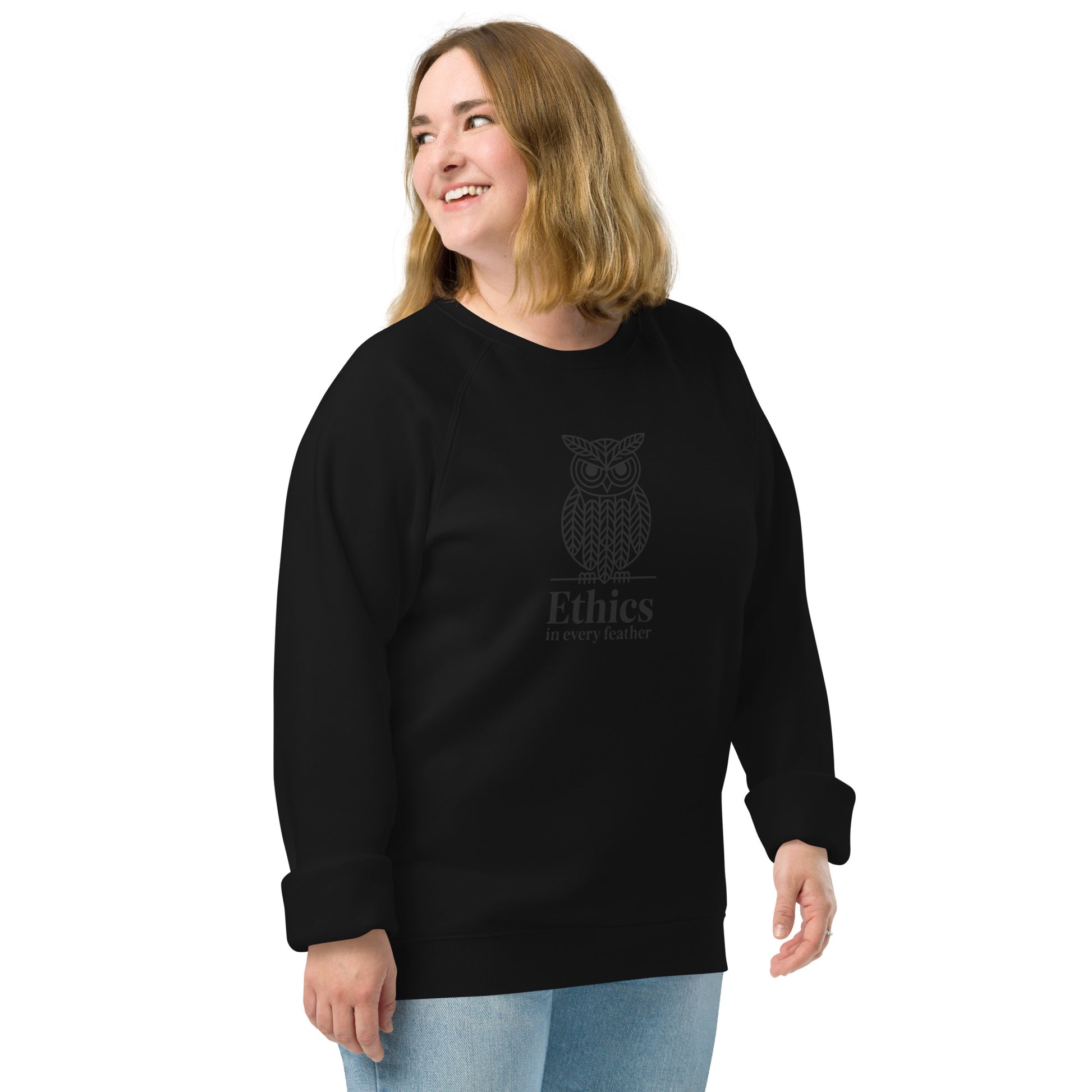 Unisex Organic Raglan Sweatshirt: 'Ethics in Every Feather' | Ethical Owl Clothing USA Dudeily