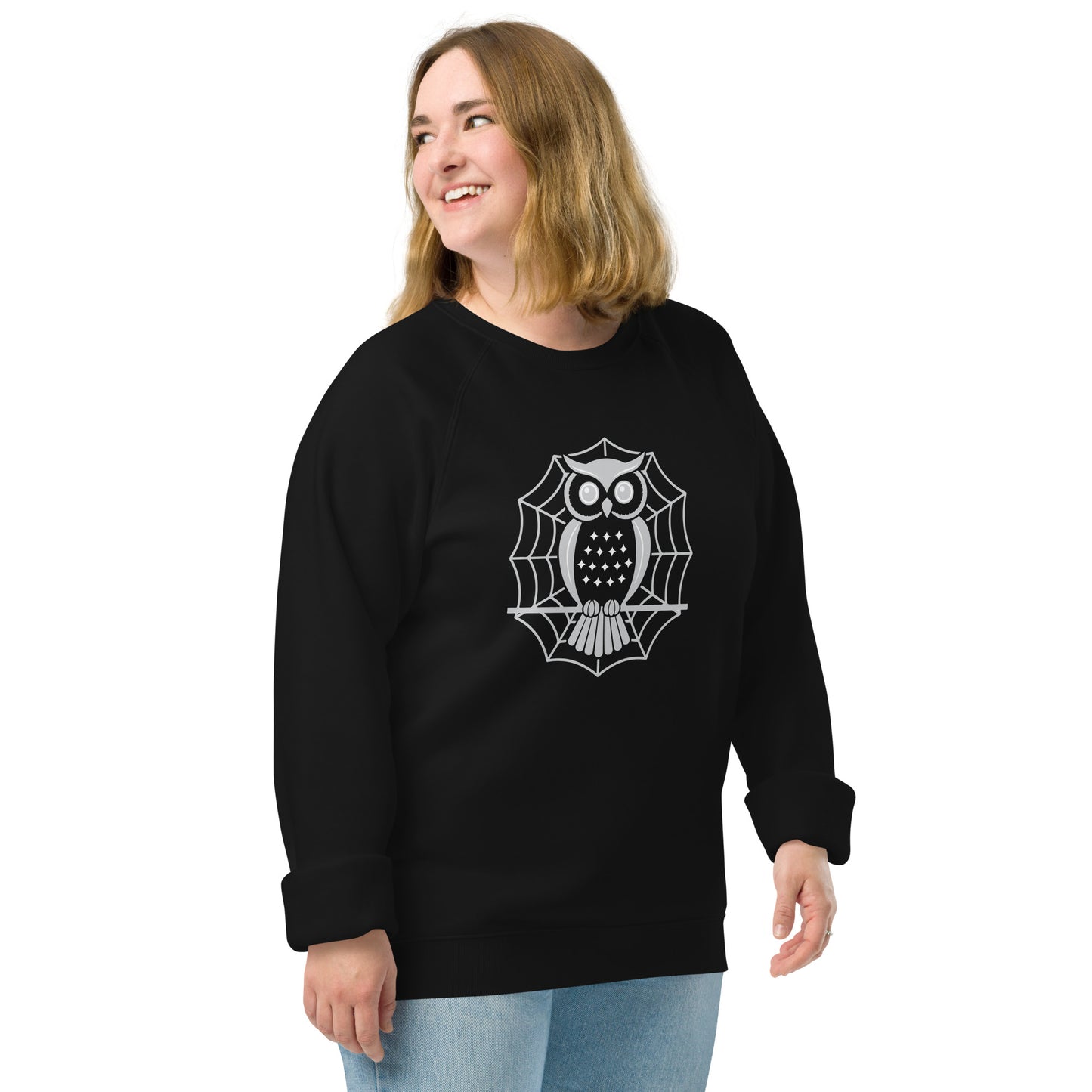 Unisex Organic Raglan Sweatshirt: Halloween Owl Eco-Friendly USA Black Dudeily